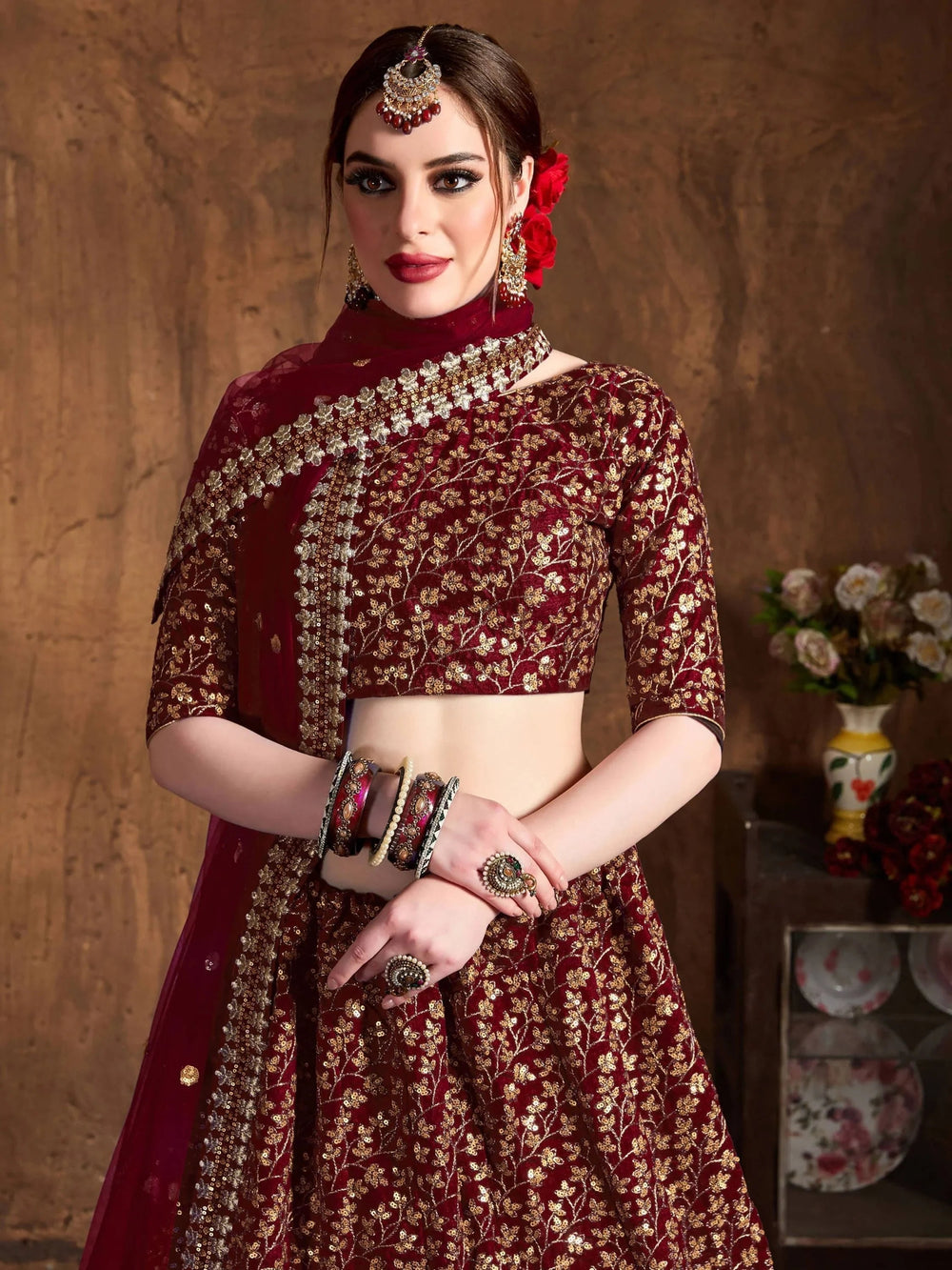 Maroon Zari Embroidered Raw Silk Wedding Lehenga Choli with Dupatta