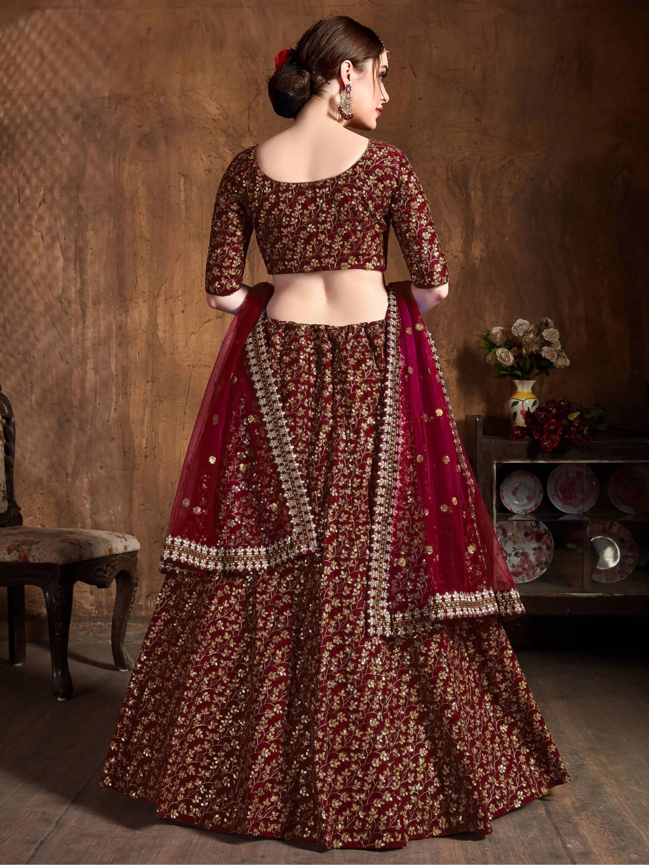 Maroon Zari Embroidered Raw Silk Wedding Lehenga Choli with Dupatta