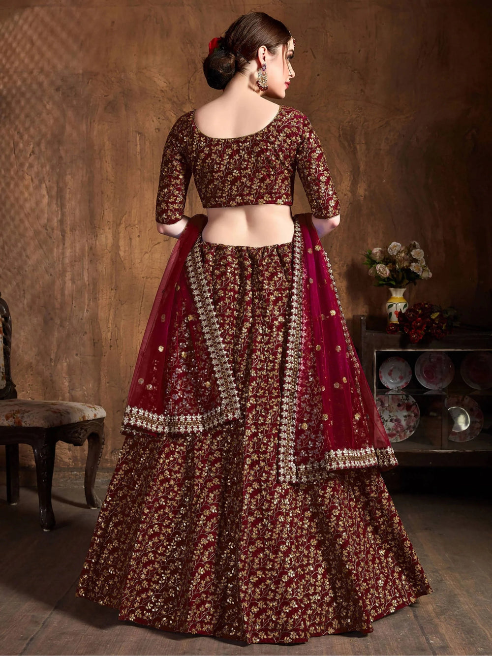 Maroon Zari Embroidered Raw Silk Wedding Lehenga Choli with Dupatta