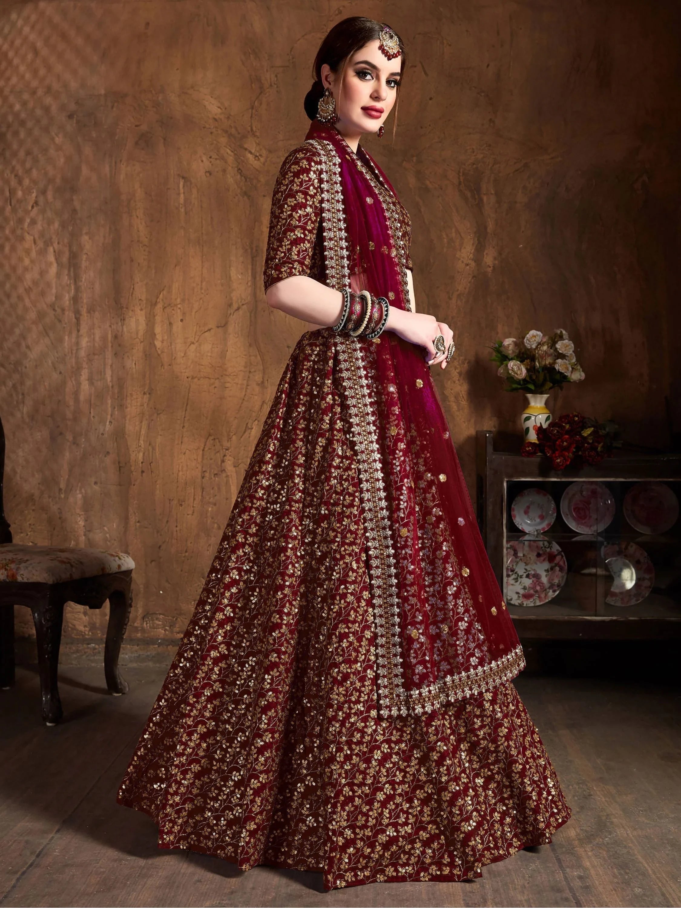 Maroon Zari Embroidered Raw Silk Wedding Lehenga Choli with Dupatta