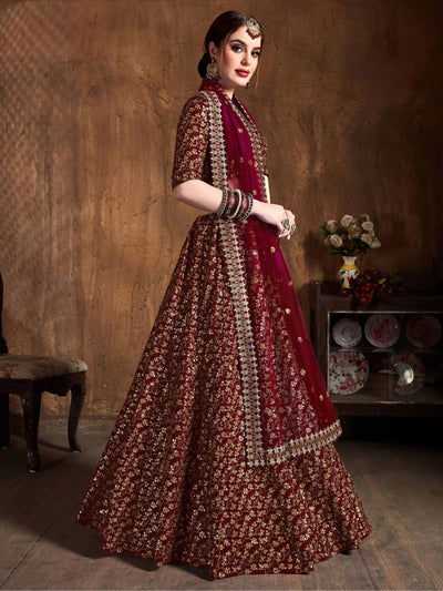Maroon Zari Embroidered Raw Silk Wedding Lehenga Choli with Dupatta