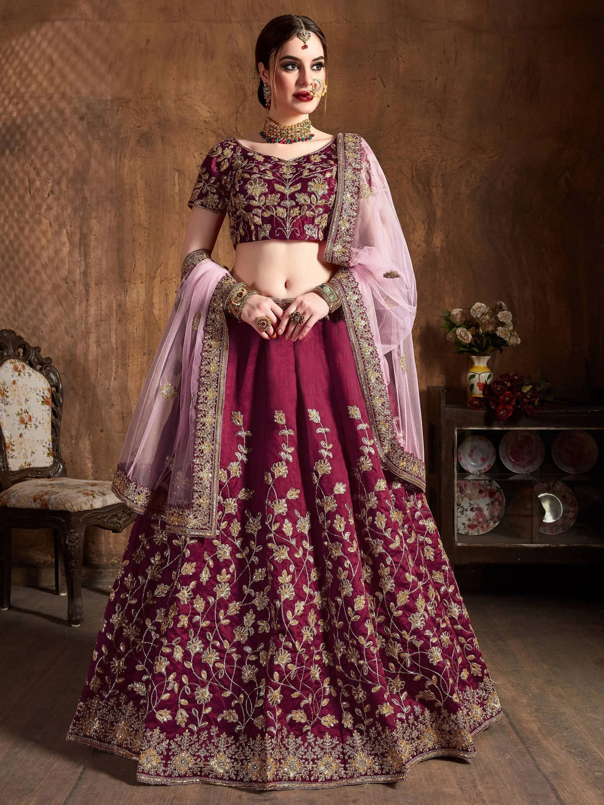 Maroon Sequins Raw Silk Bridal Lehenga Choli with Pink Dupatta
