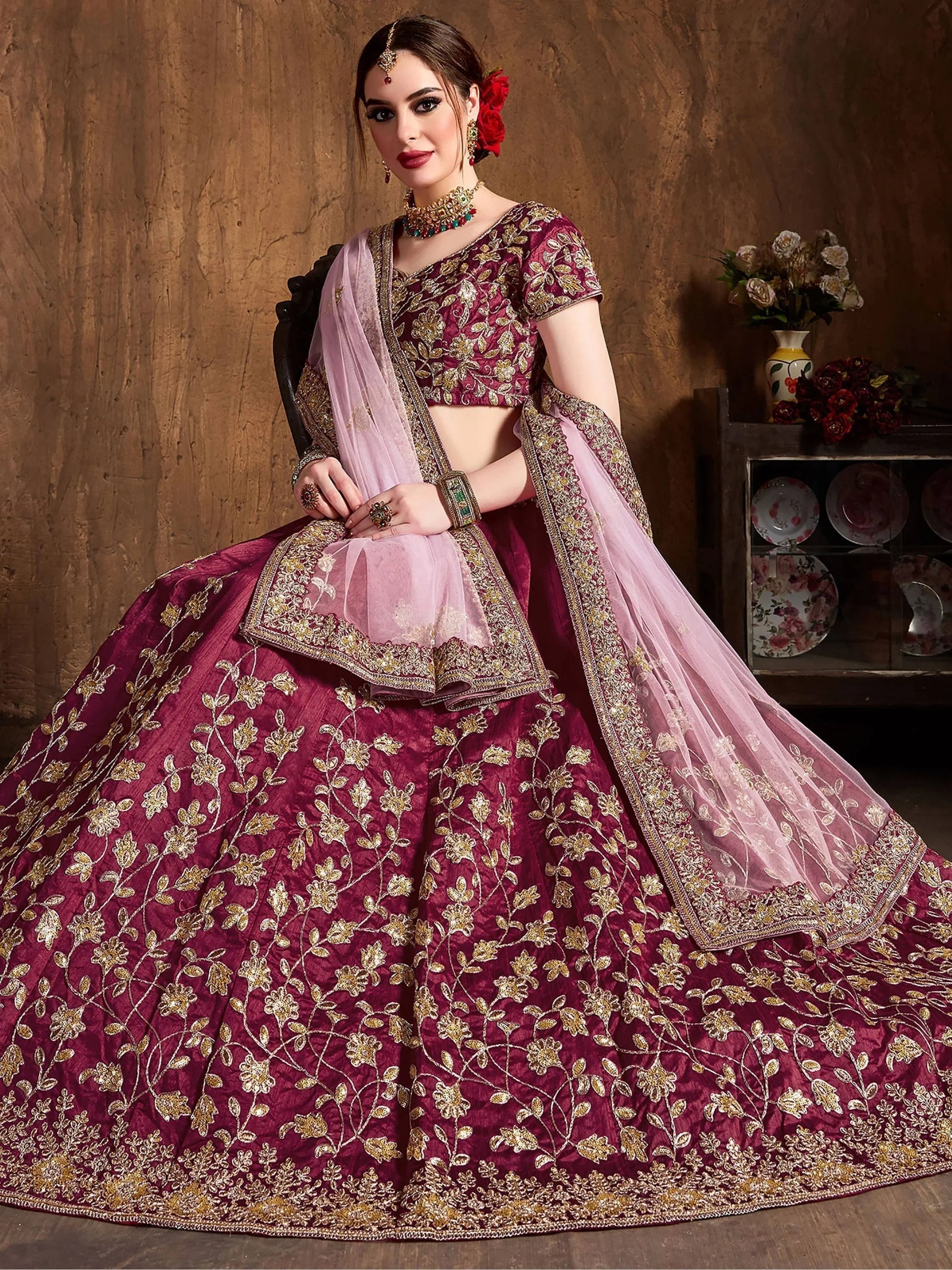 Maroon Sequins Raw Silk Bridal Lehenga Choli with Pink Dupatta