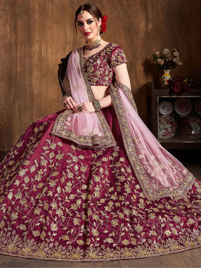 Maroon Sequins Raw Silk Bridal Lehenga Choli with Pink Dupatta