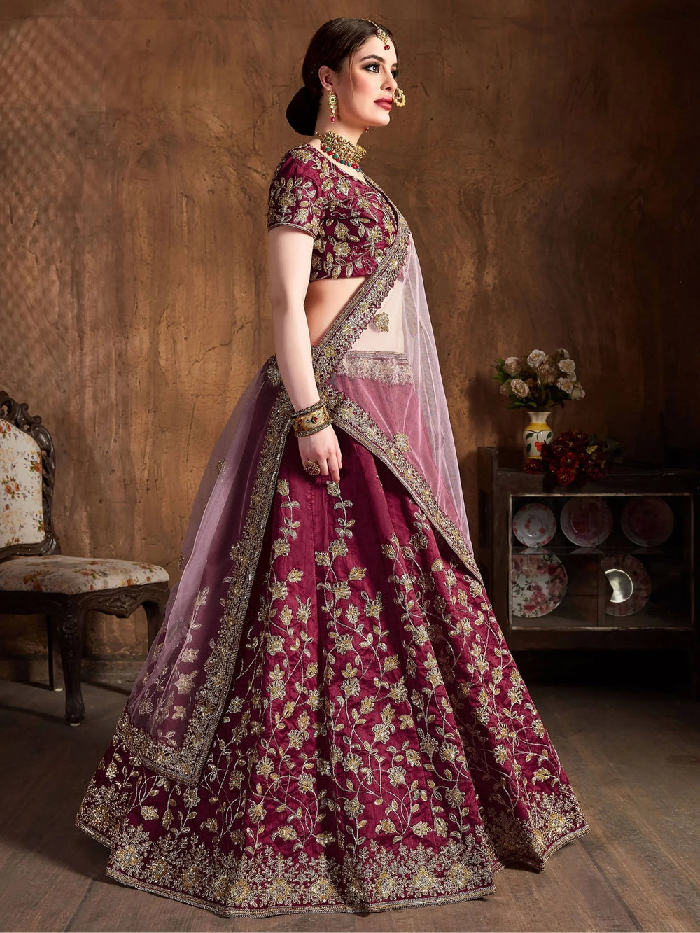 Maroon Sequins Raw Silk Bridal Lehenga Choli with Pink Dupatta