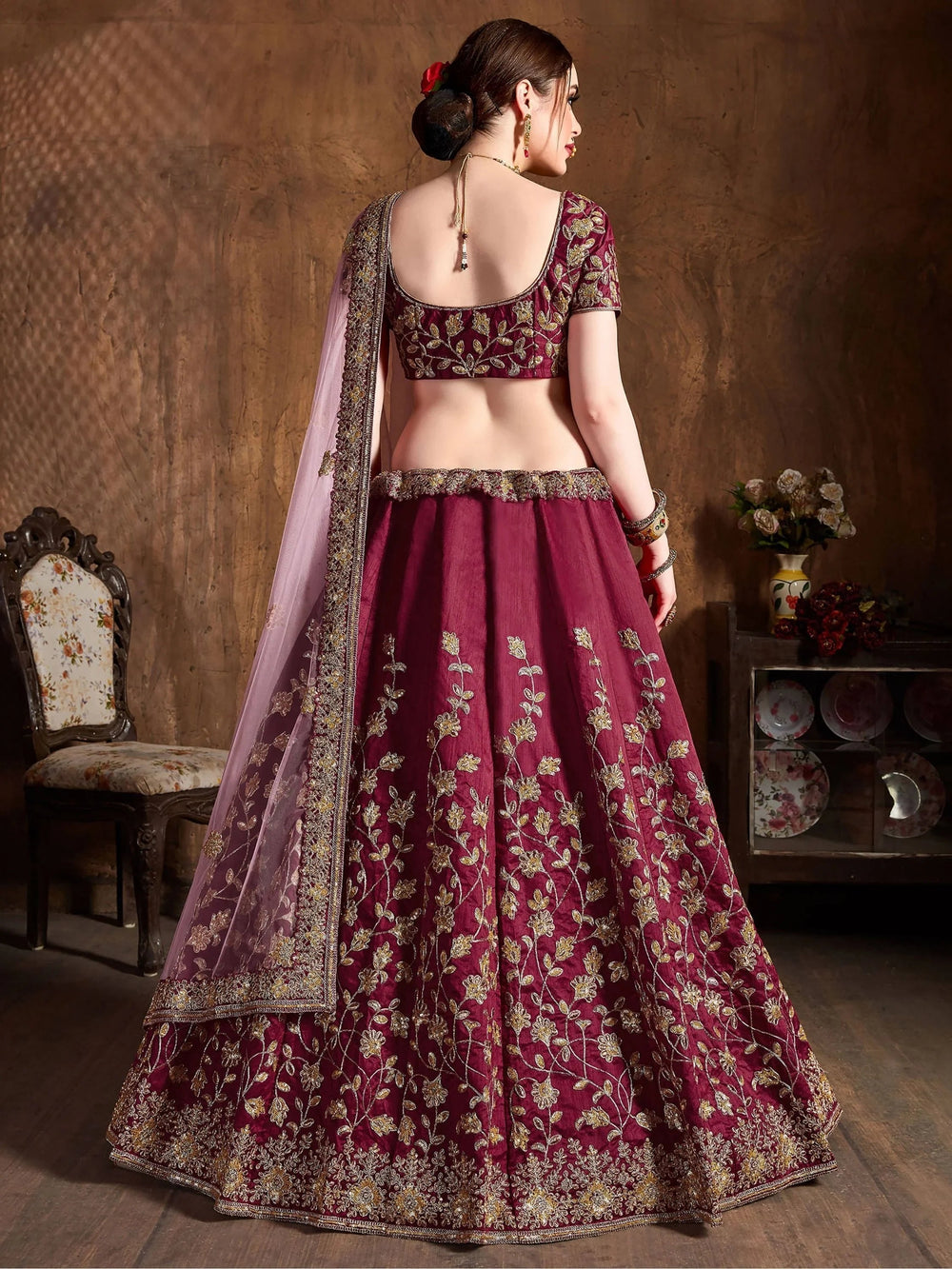 Maroon Sequins Raw Silk Bridal Lehenga Choli with Pink Dupatta