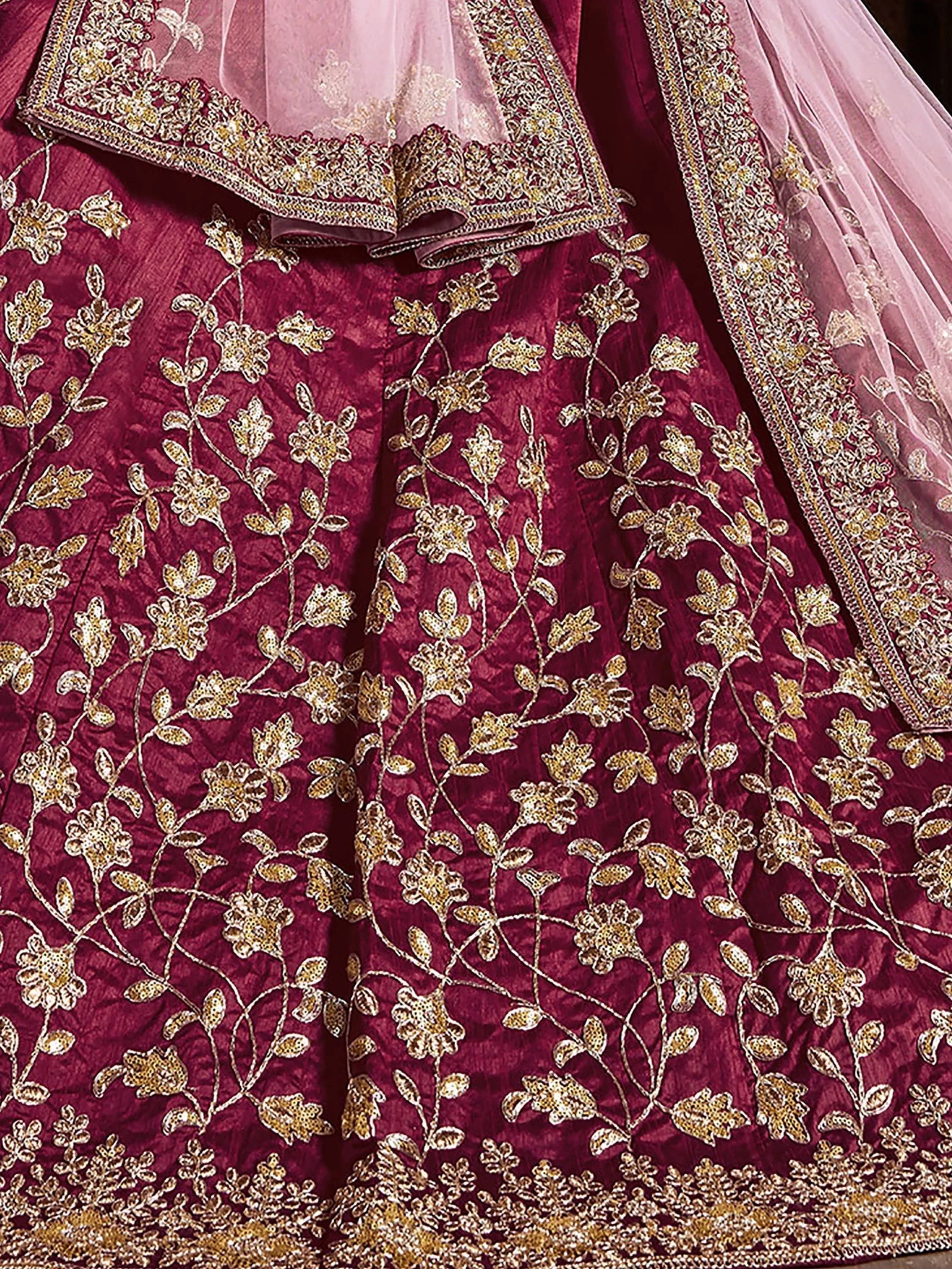 Maroon Sequins Raw Silk Bridal Lehenga Choli with Pink Dupatta