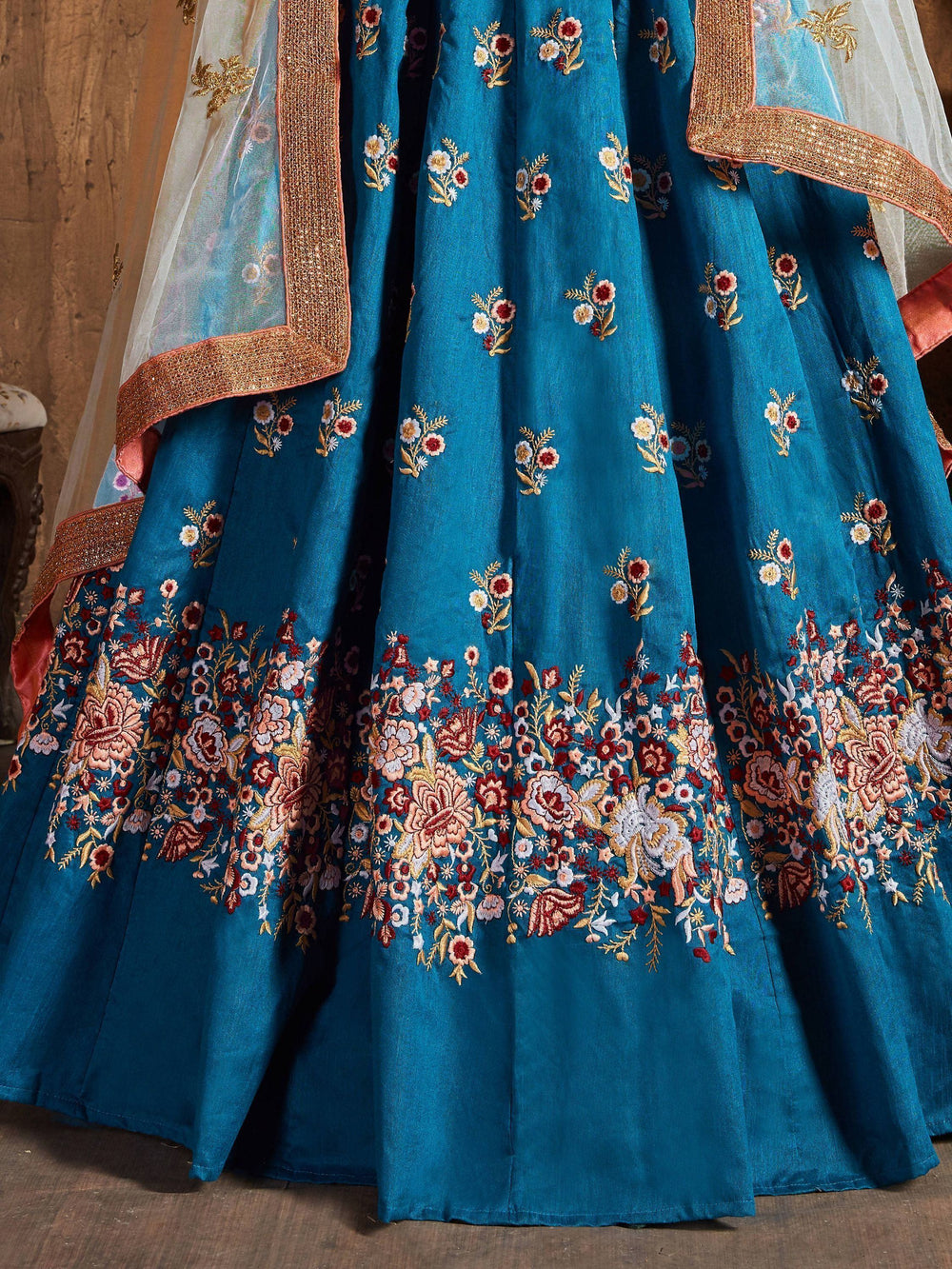 Teal Blue Thread Work Raw Silk Bridal Lehenga Choli with Peach Choli and Off-White Dupatta