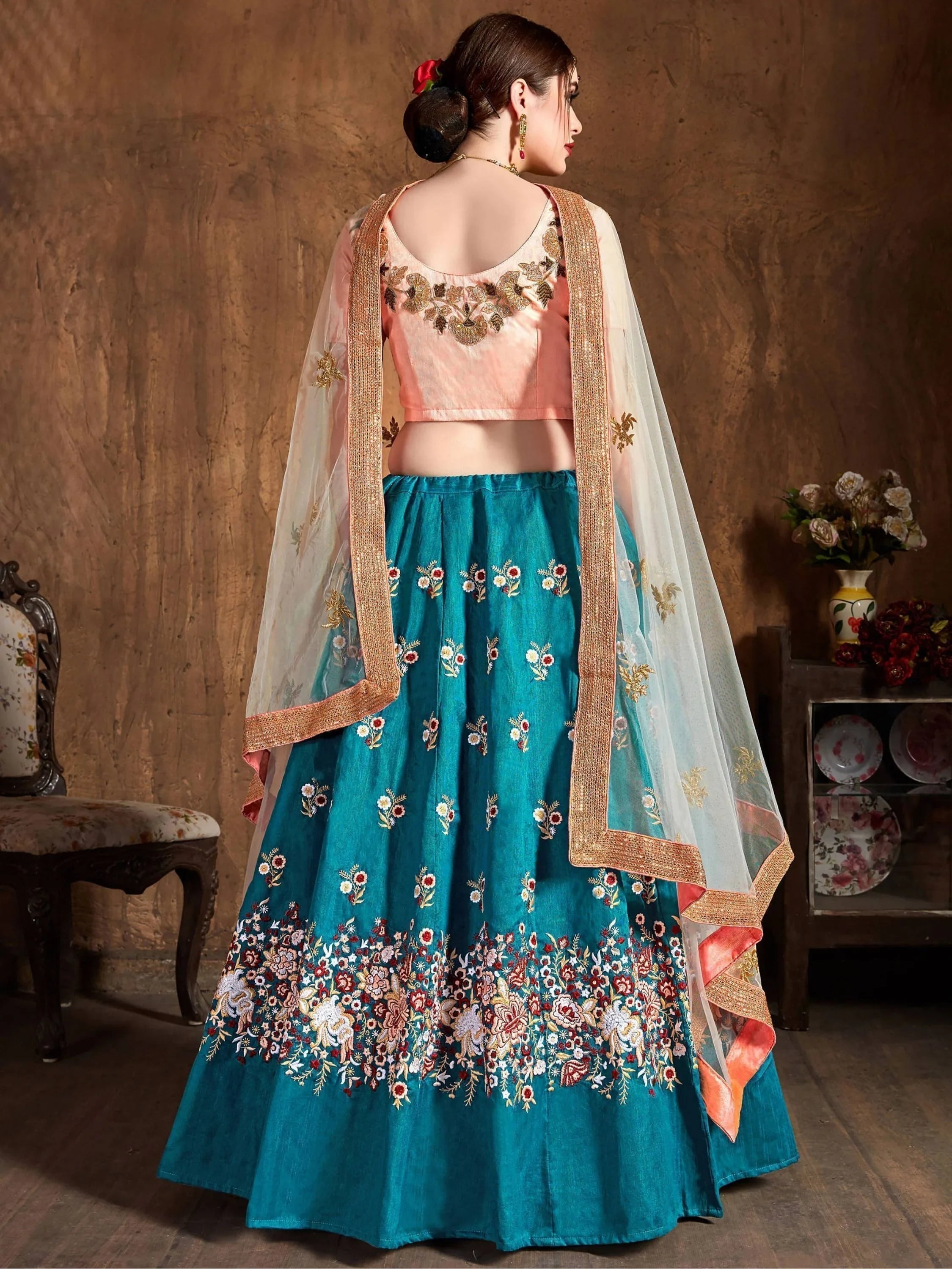 Teal Blue Thread Work Raw Silk Bridal Lehenga Choli with Peach Choli and Off-White Dupatta