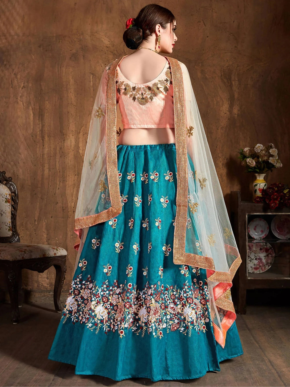 Teal Blue Thread Work Raw Silk Bridal Lehenga Choli with Peach Choli and Off-White Dupatta