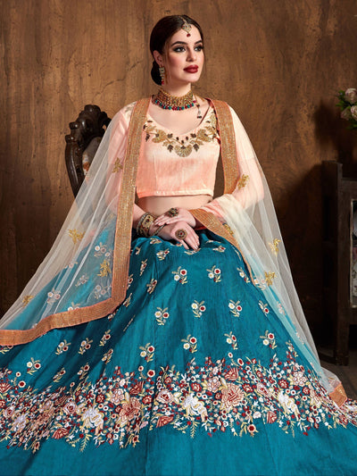 Teal Blue Thread Work Raw Silk Bridal Lehenga Choli with Peach Choli and Off-White Dupatta