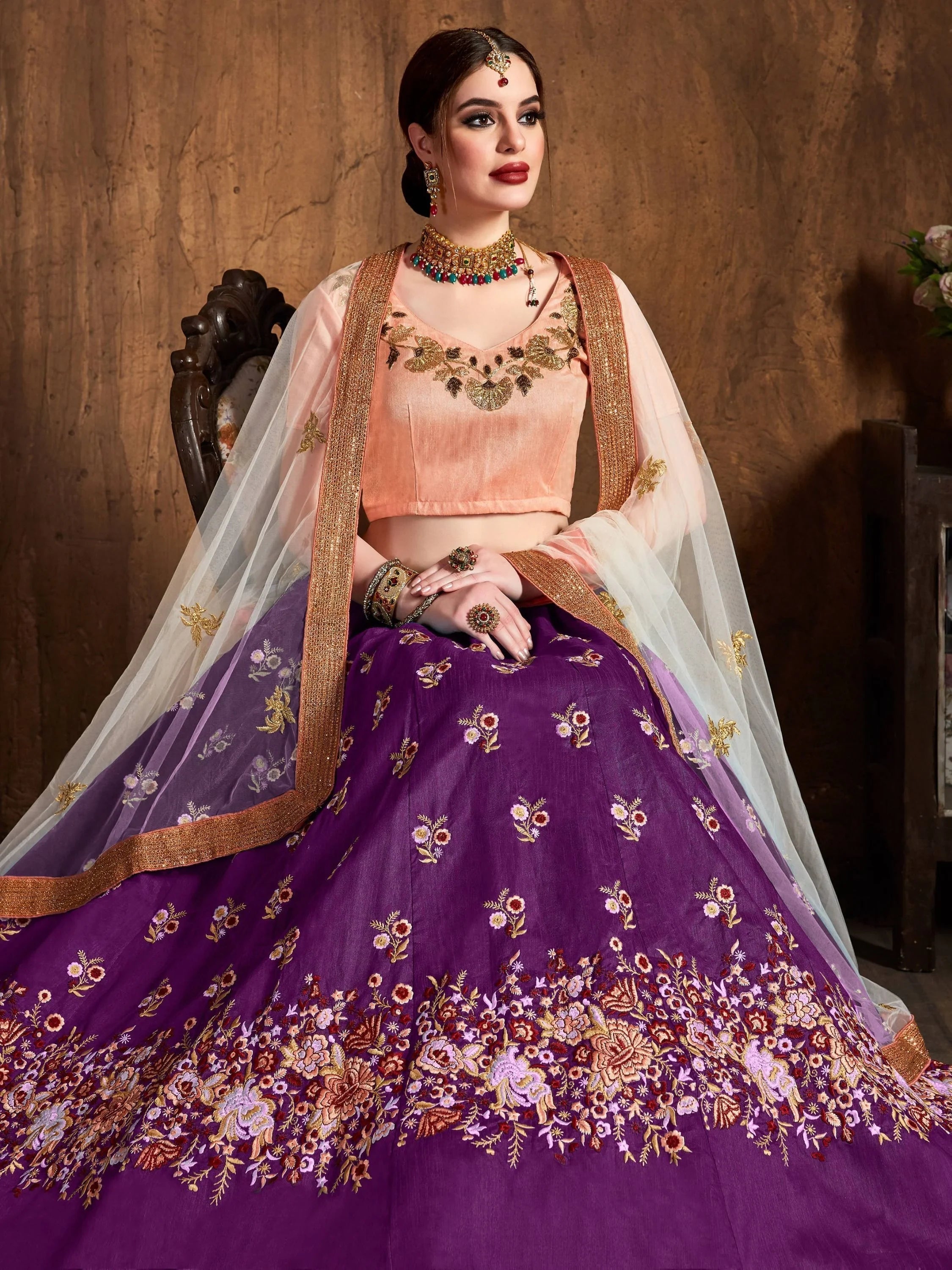 Purple Thread Work Raw Silk Bridal Lehenga Choli with Peach Choli and Off-White Dupatta