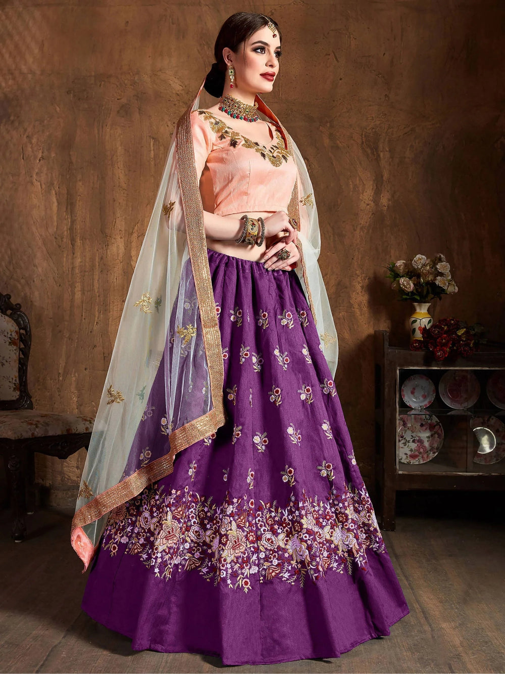 Purple Thread Work Raw Silk Bridal Lehenga Choli with Peach Choli and Off-White Dupatta