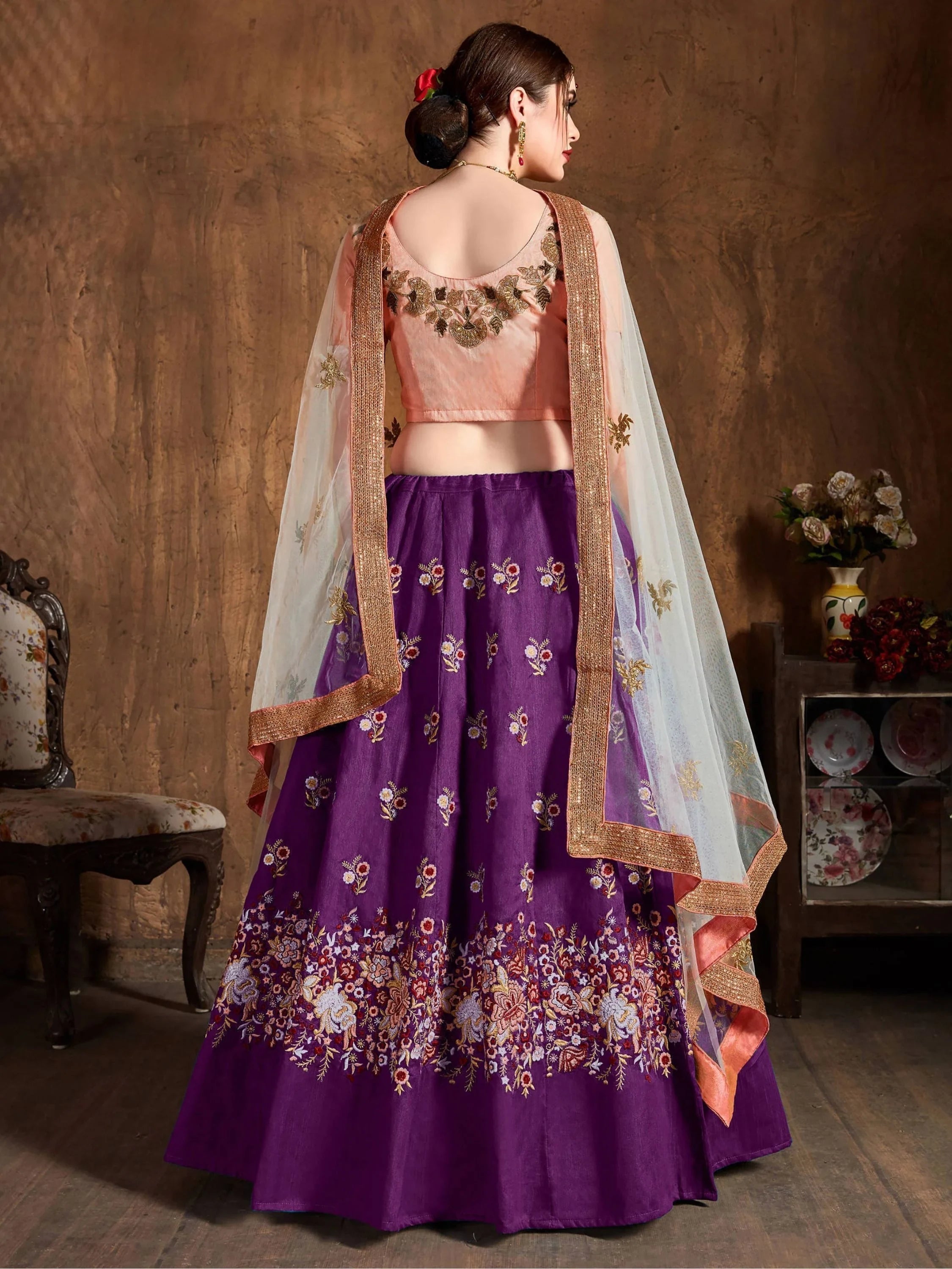 Purple Thread Work Raw Silk Bridal Lehenga Choli with Peach Choli and Off-White Dupatta