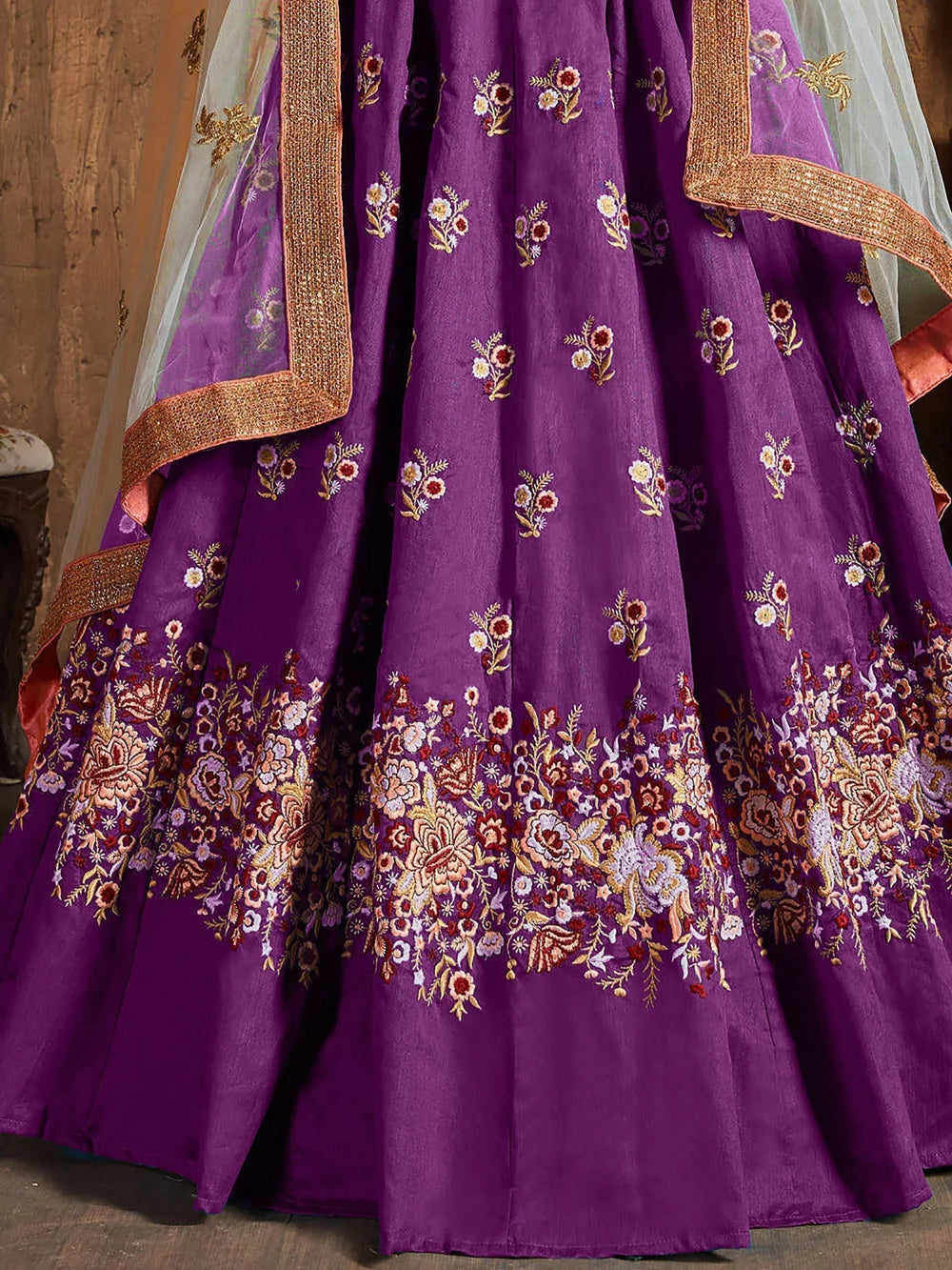 Purple Thread Work Raw Silk Bridal Lehenga Choli with Peach Choli and Off-White Dupatta
