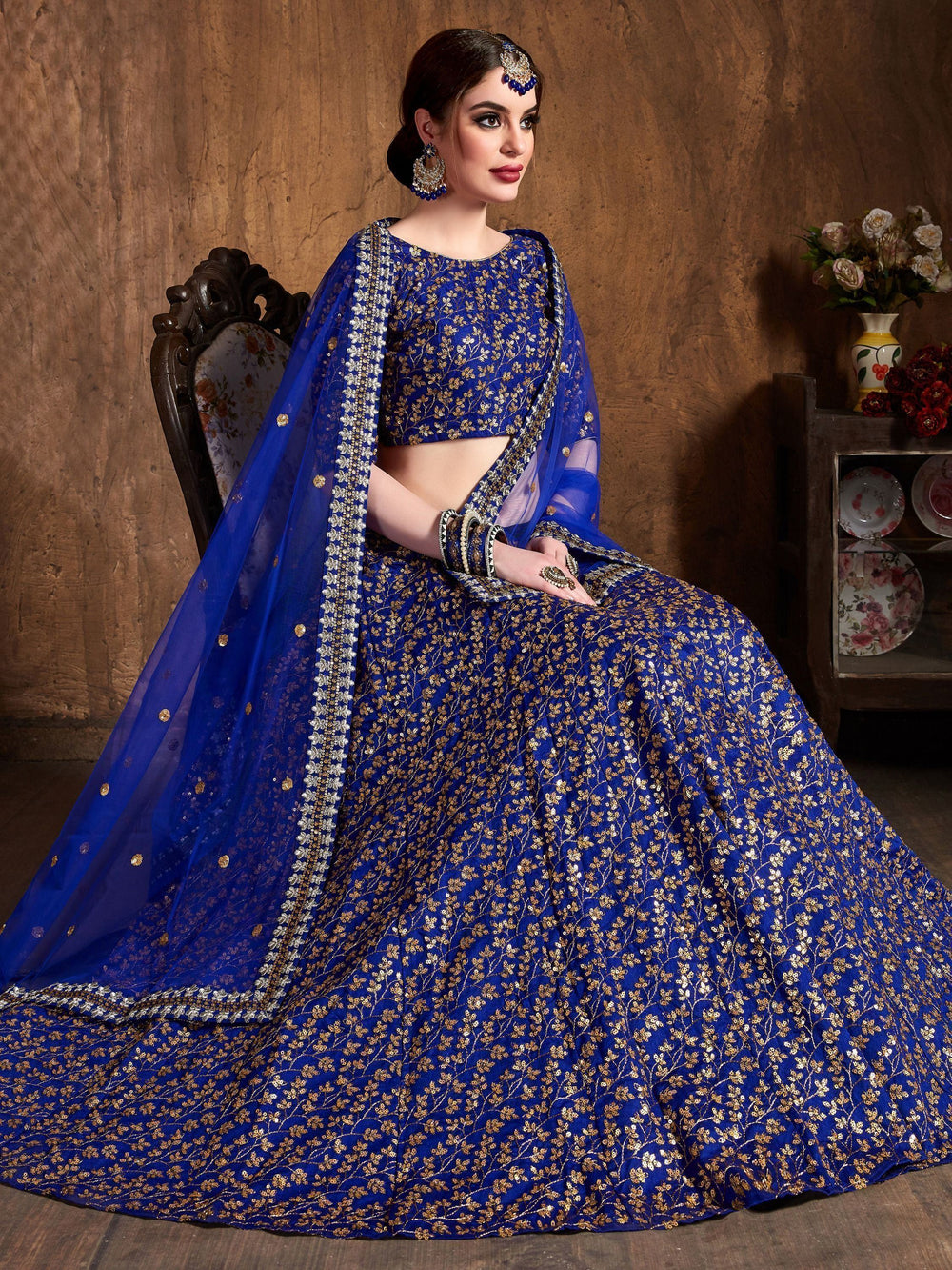 Blue Zari Embroidered Raw Silk Wedding Lehenga Choli with Dupatta