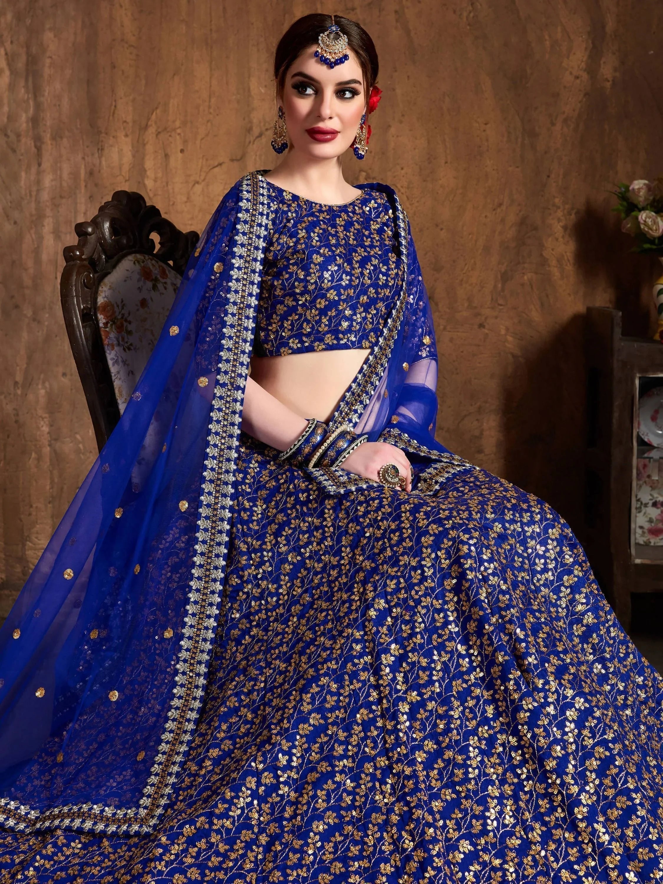 Blue Zari Embroidered Raw Silk Wedding Lehenga Choli with Dupatta