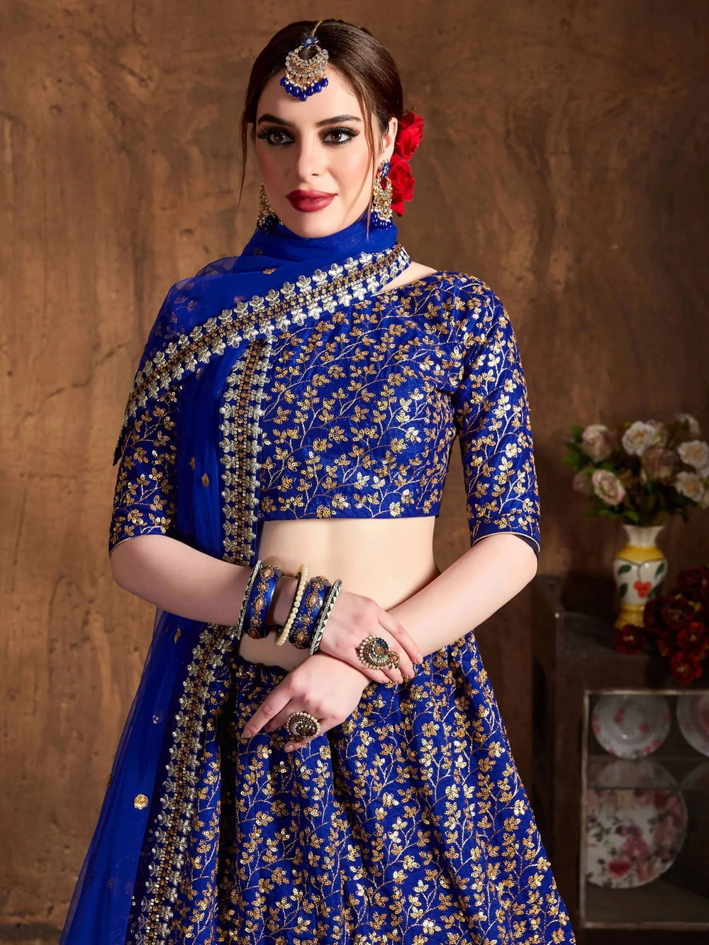 Blue Zari Embroidered Raw Silk Wedding Lehenga Choli with Dupatta