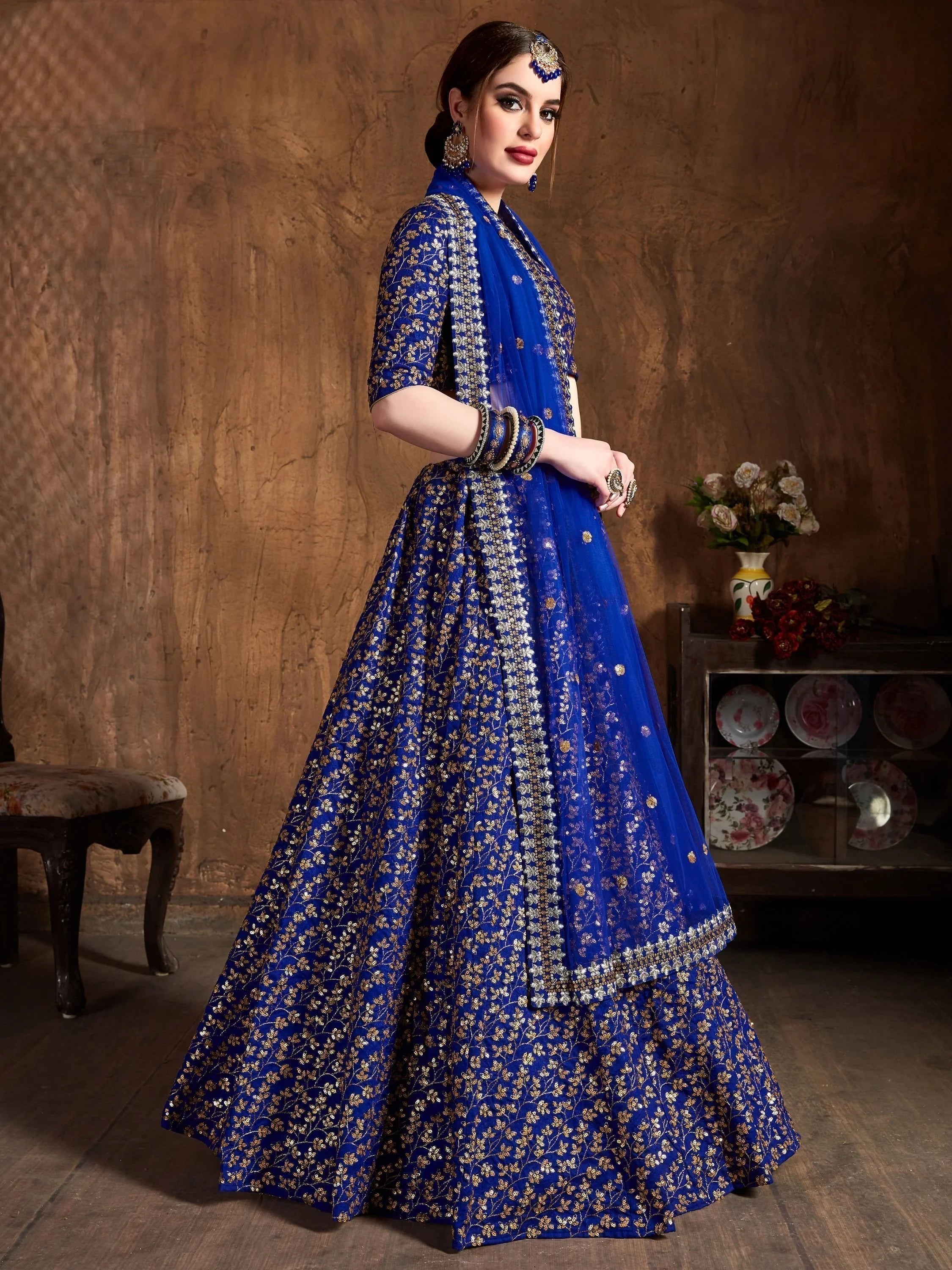 Blue Zari Embroidered Raw Silk Wedding Lehenga Choli with Dupatta