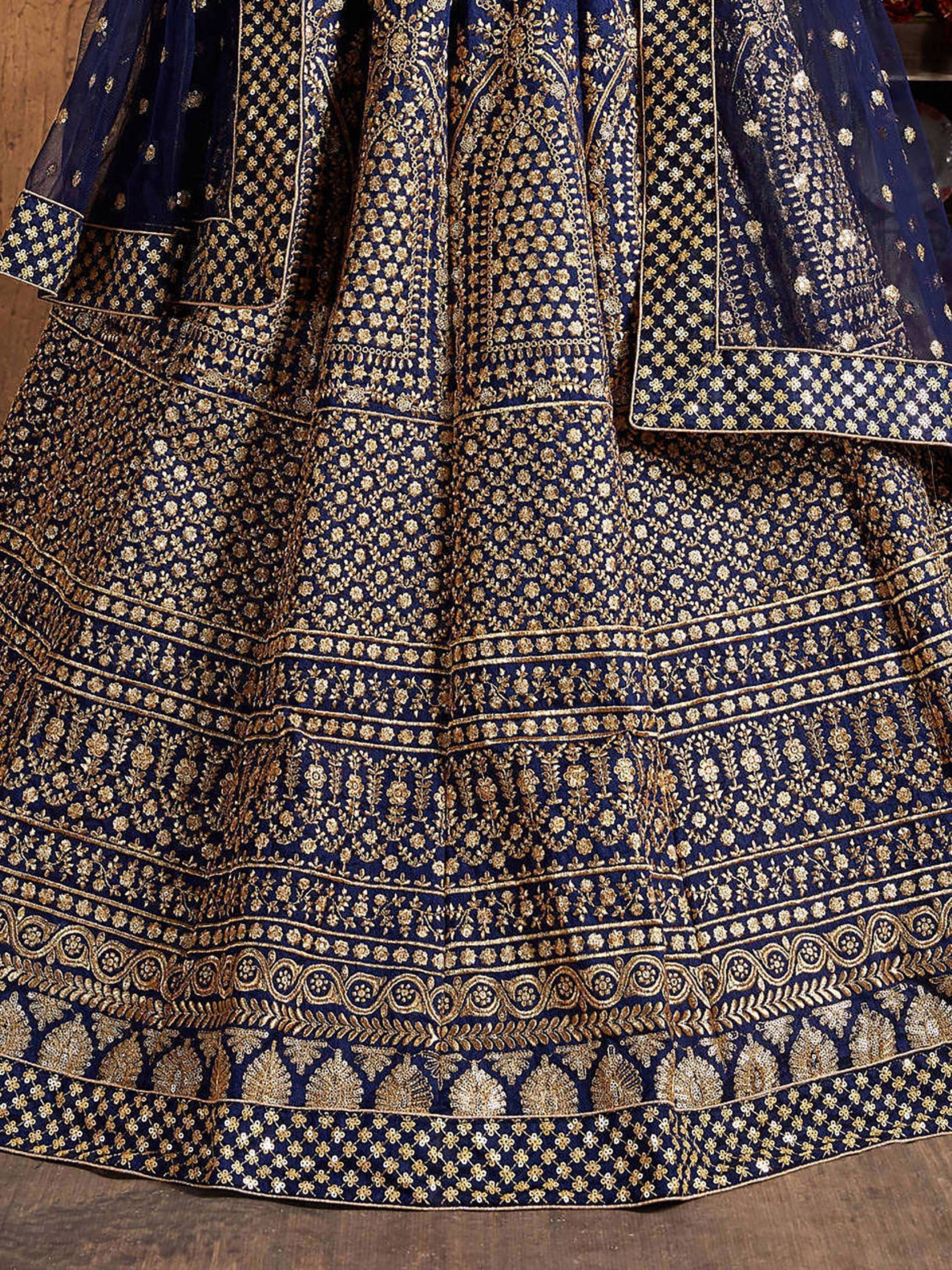 Navy Blue Sequins Raw Silk Wedding Lehenga Choli with Dupatta