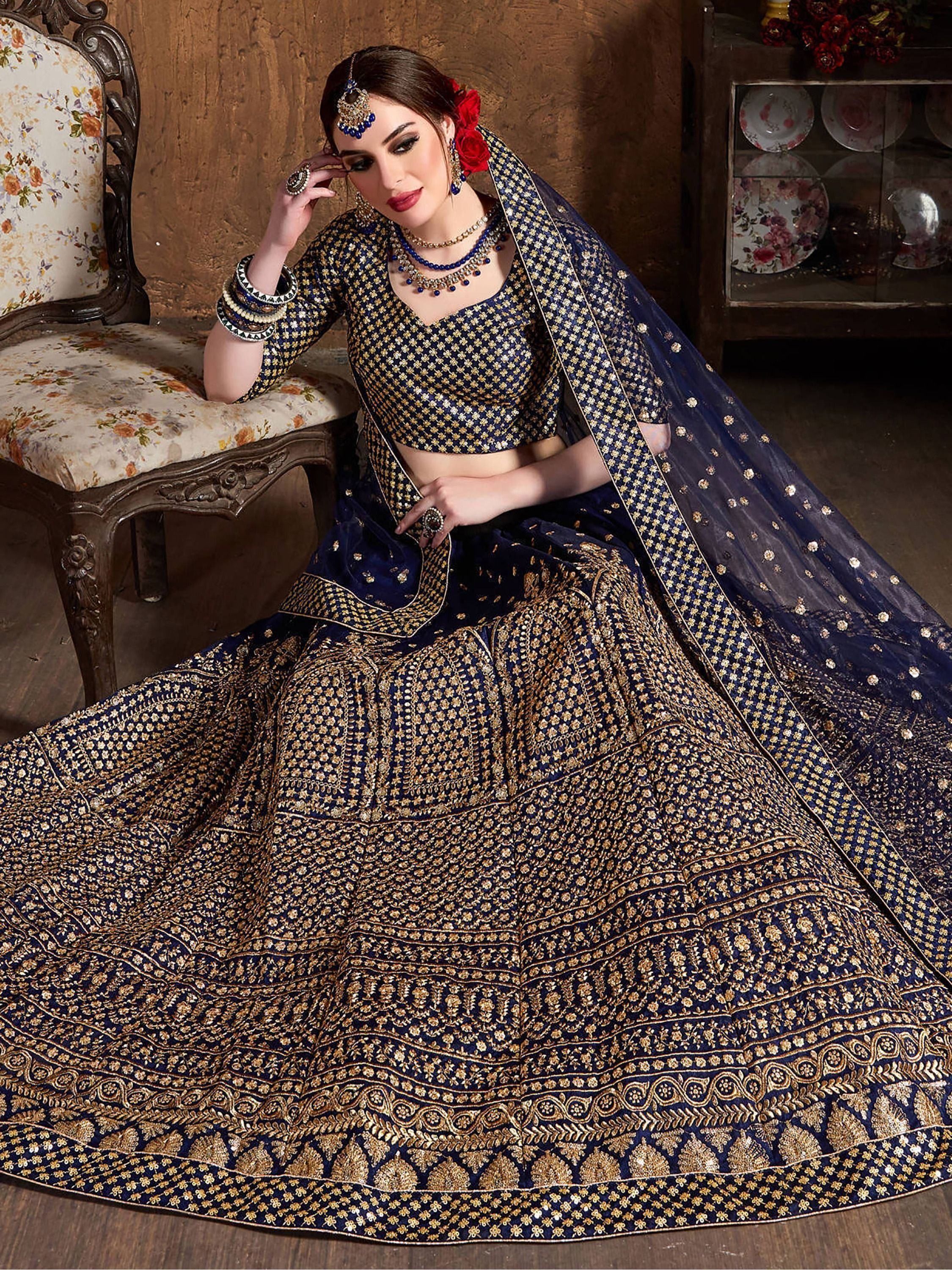 Navy Blue Sequins Raw Silk Wedding Lehenga Choli with Dupatta