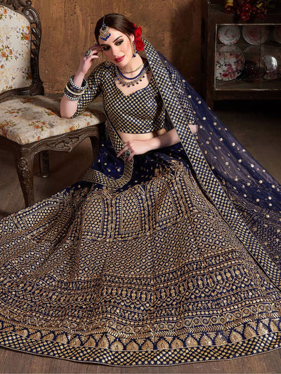 Navy Blue Sequins Raw Silk Wedding Lehenga Choli with Dupatta