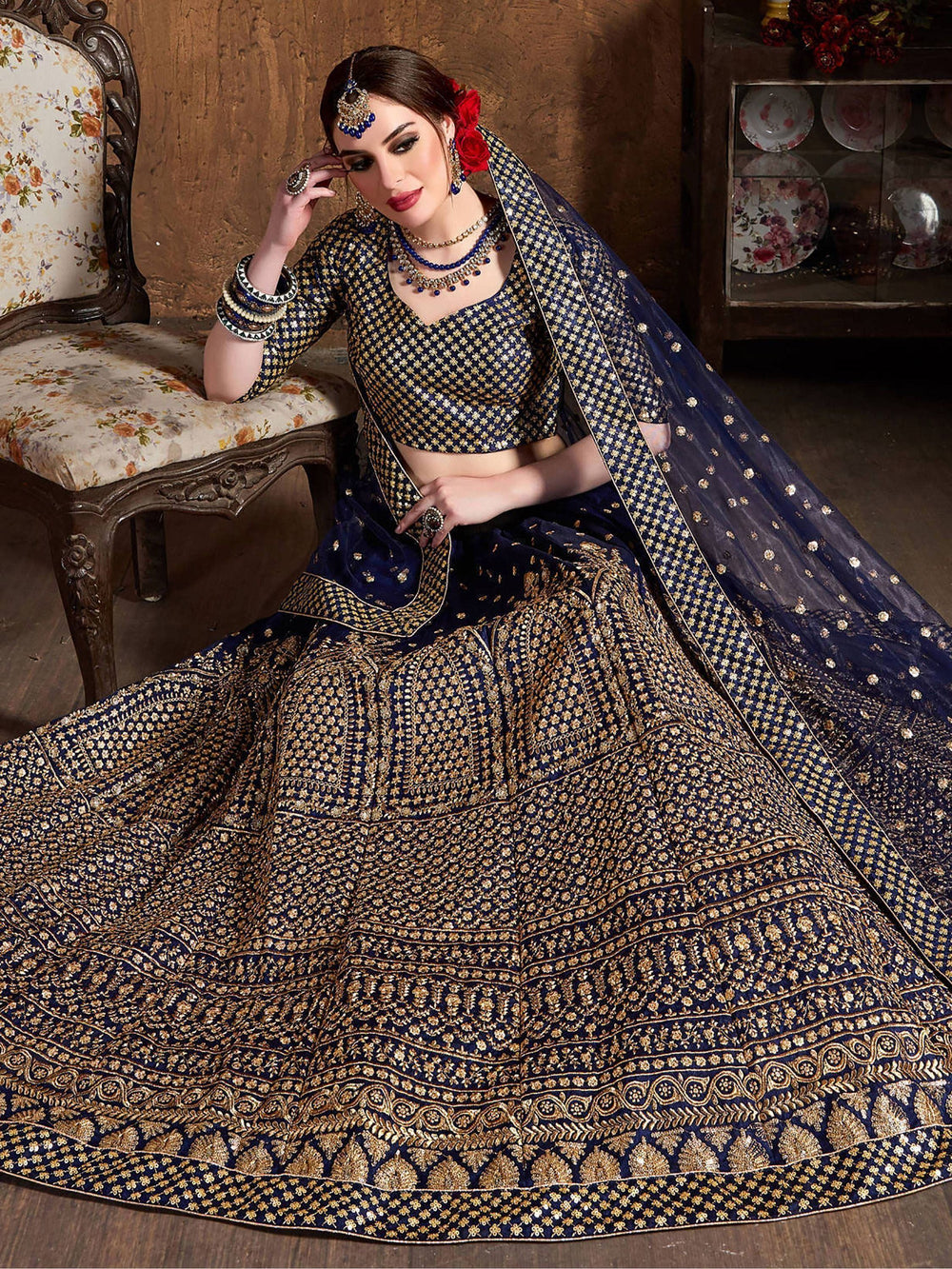 Navy Blue Sequins Raw Silk Wedding Lehenga Choli with Dupatta