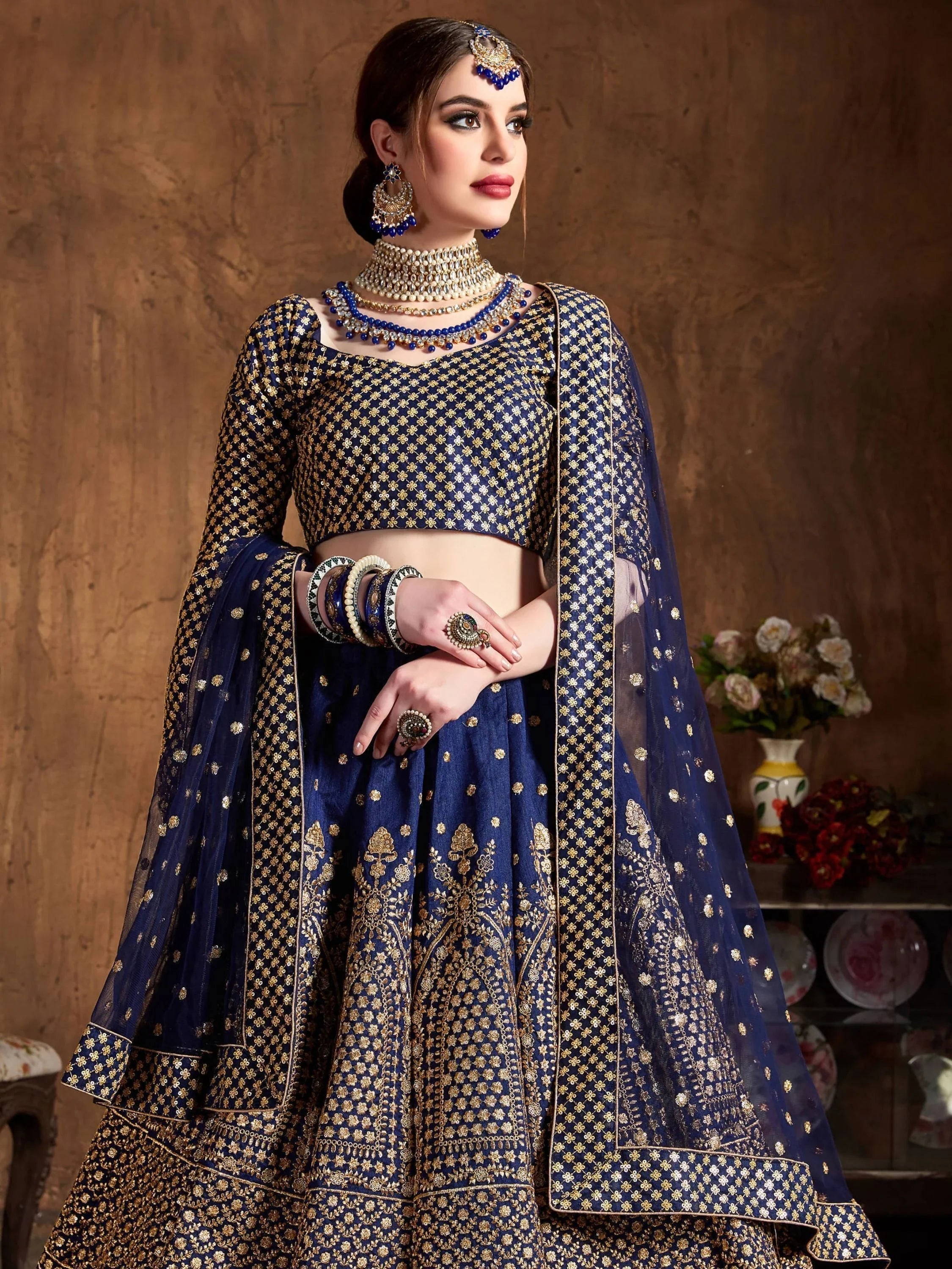 Navy Blue Sequins Raw Silk Wedding Lehenga Choli with Dupatta