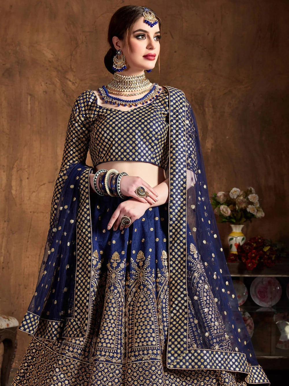 Navy Blue Sequins Raw Silk Wedding Lehenga Choli with Dupatta