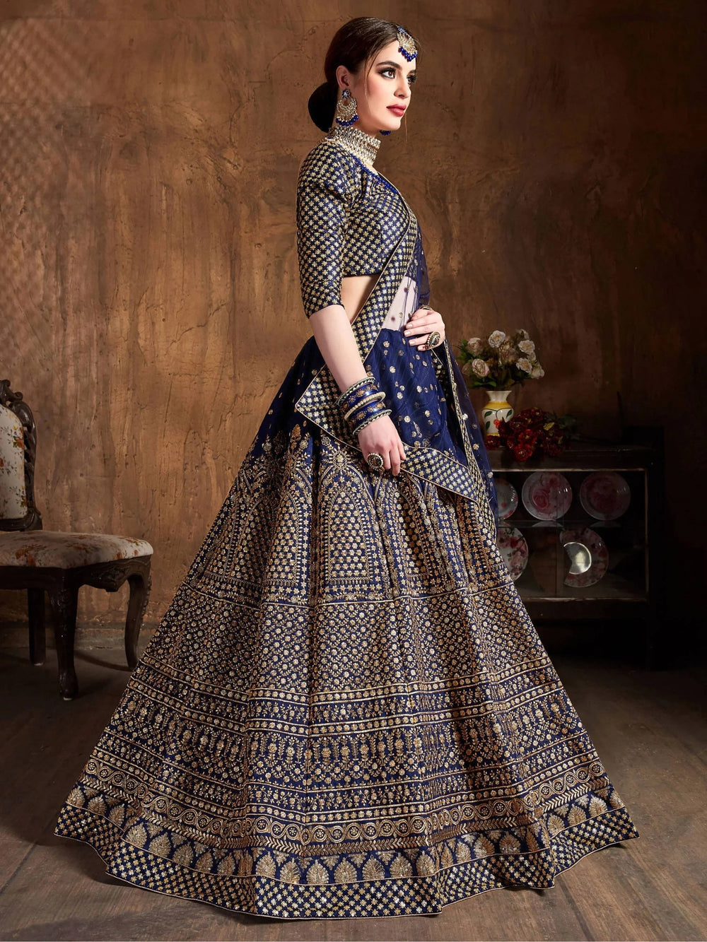 Navy Blue Sequins Raw Silk Wedding Lehenga Choli with Dupatta