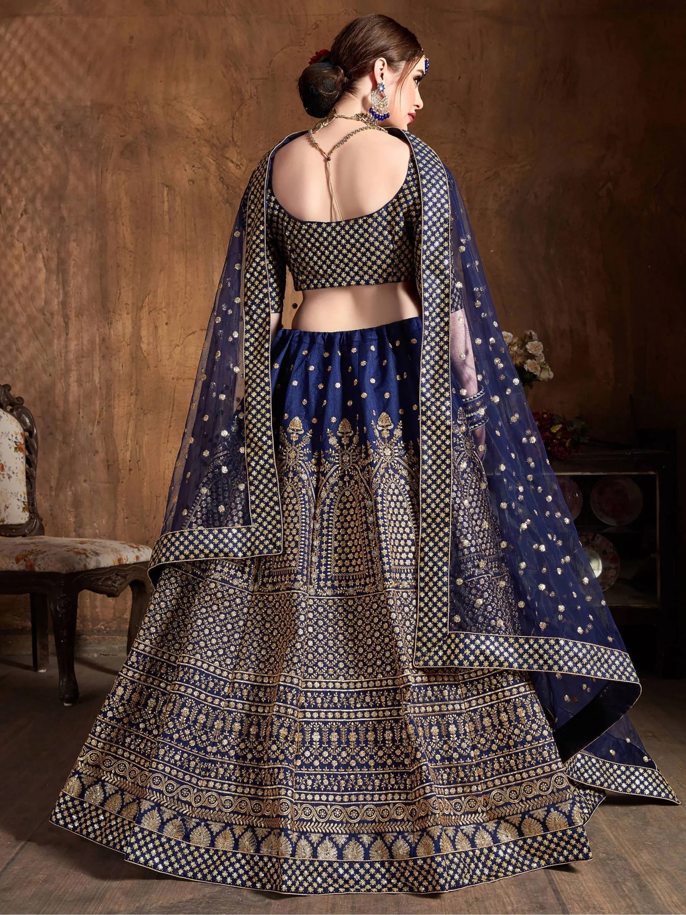 Navy Blue Sequins Raw Silk Wedding Lehenga Choli with Dupatta