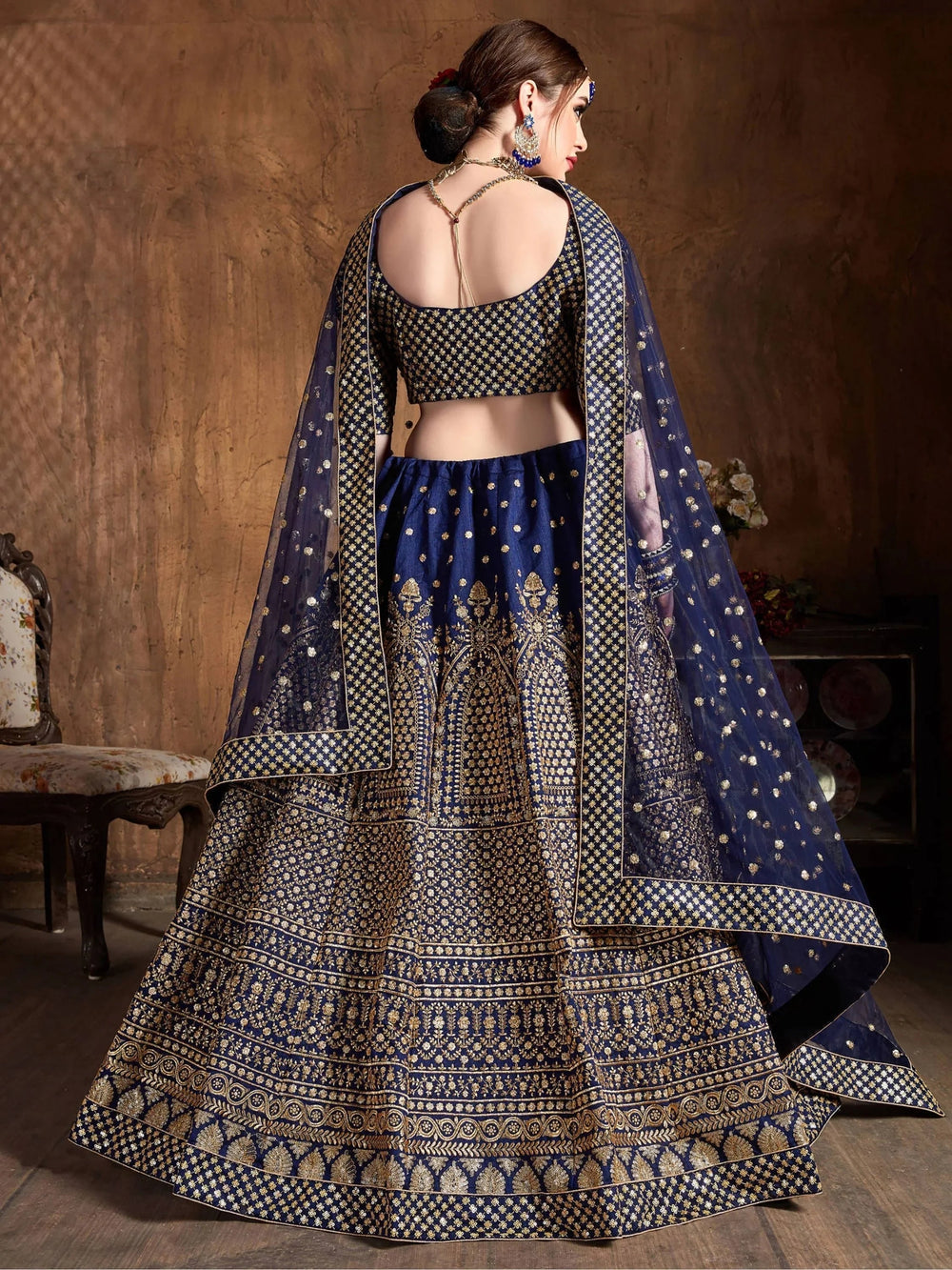 Navy Blue Sequins Raw Silk Wedding Lehenga Choli with Dupatta