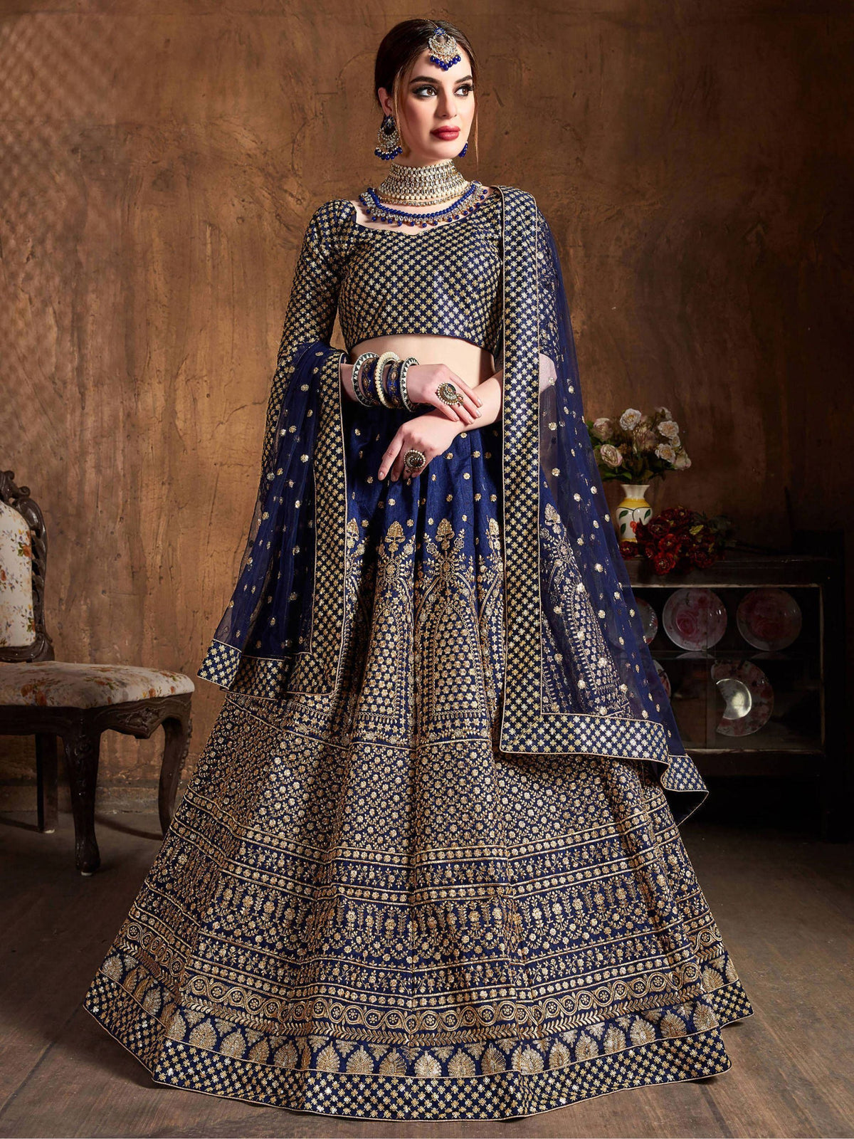 Navy Blue Sequins Raw Silk Wedding Lehenga Choli with Dupatta