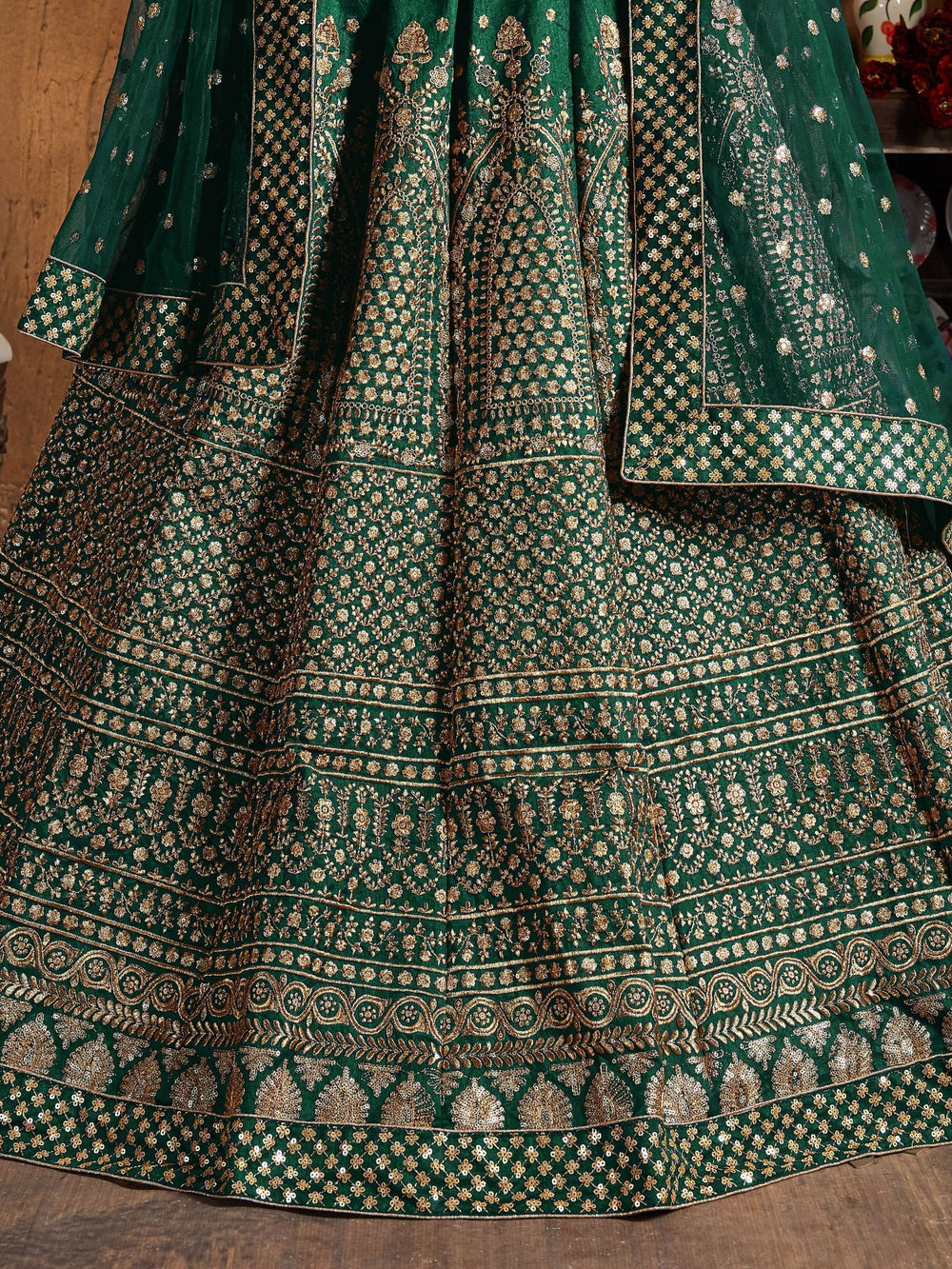 Bottle Green Sequins Raw Silk Wedding Lehenga Choli with Dupatta