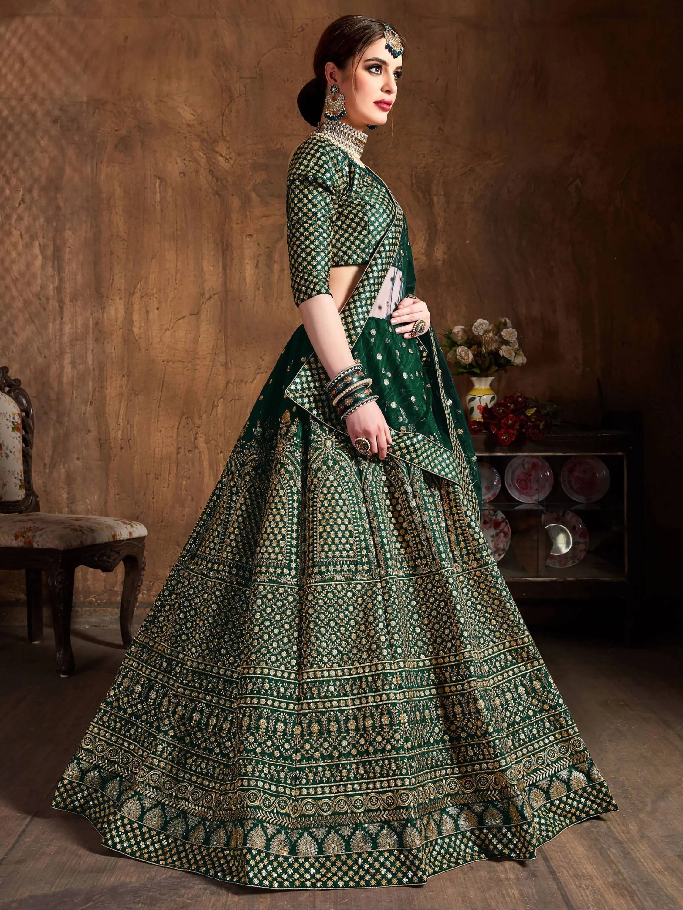 Bottle Green Sequins Raw Silk Wedding Lehenga Choli with Dupatta