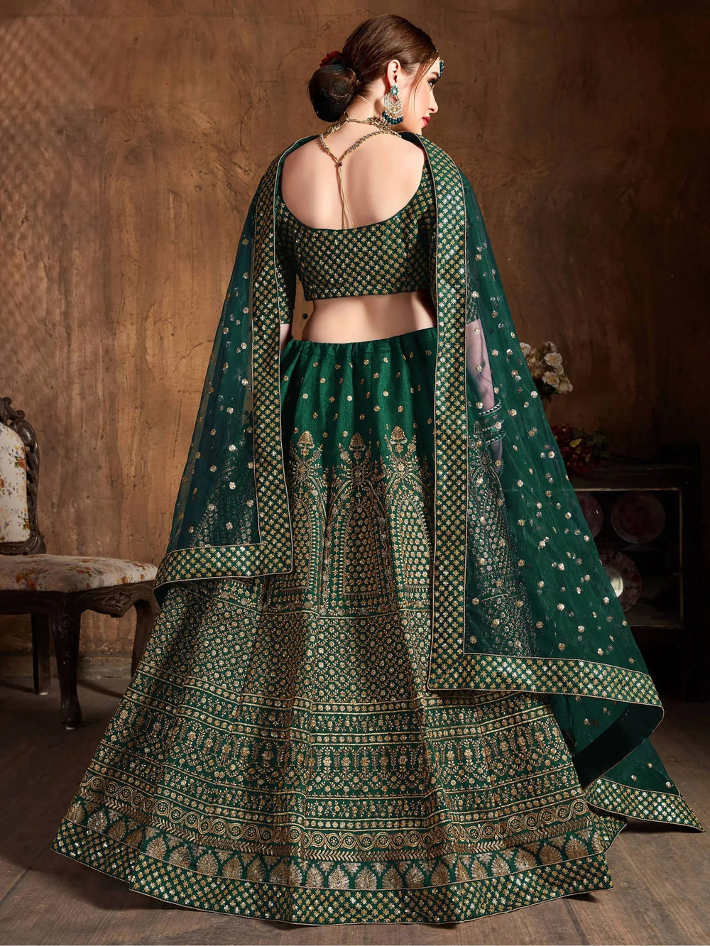 Bottle Green Sequins Raw Silk Wedding Lehenga Choli with Dupatta