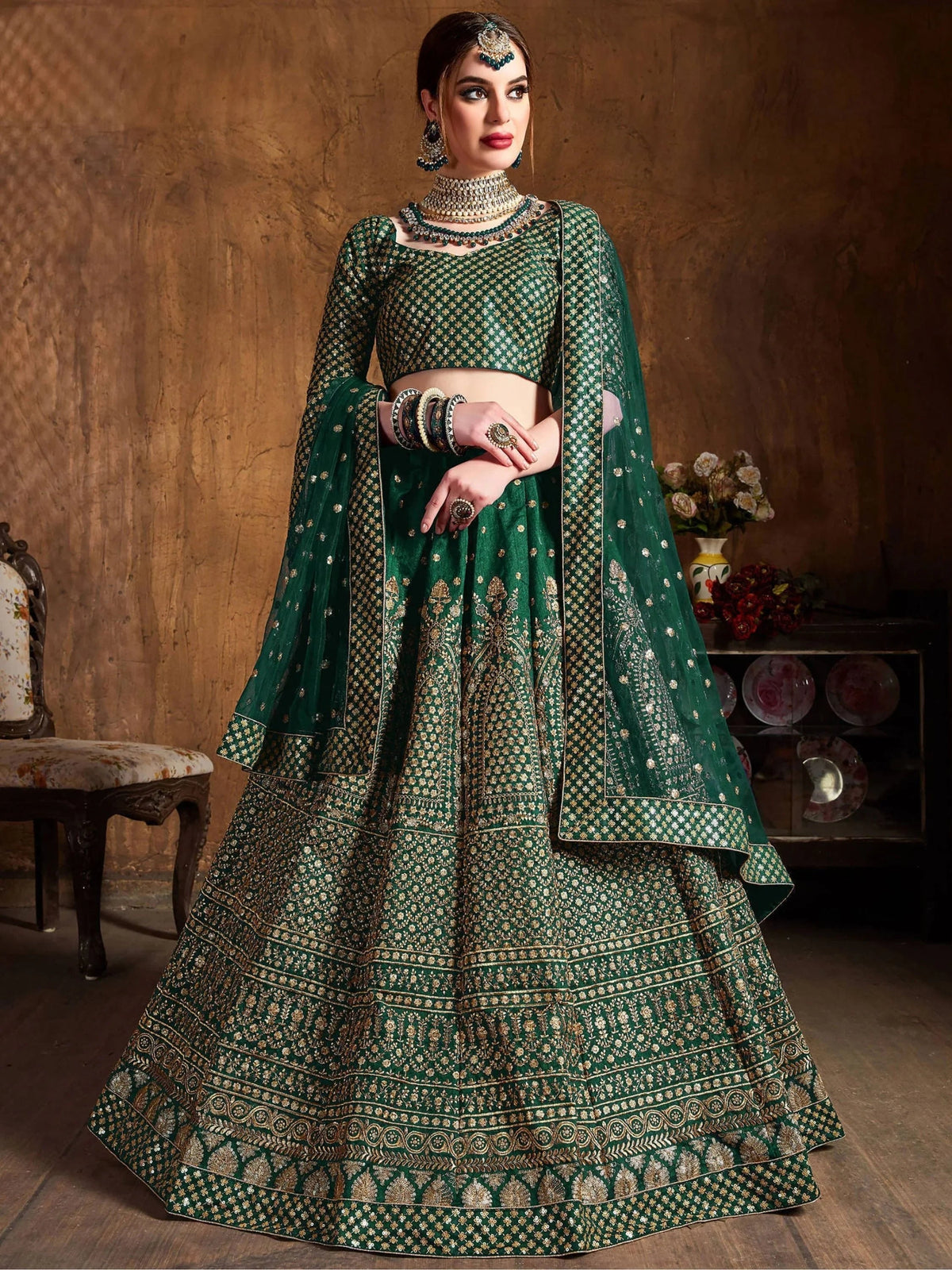 Bottle Green Sequins Raw Silk Wedding Lehenga Choli with Dupatta