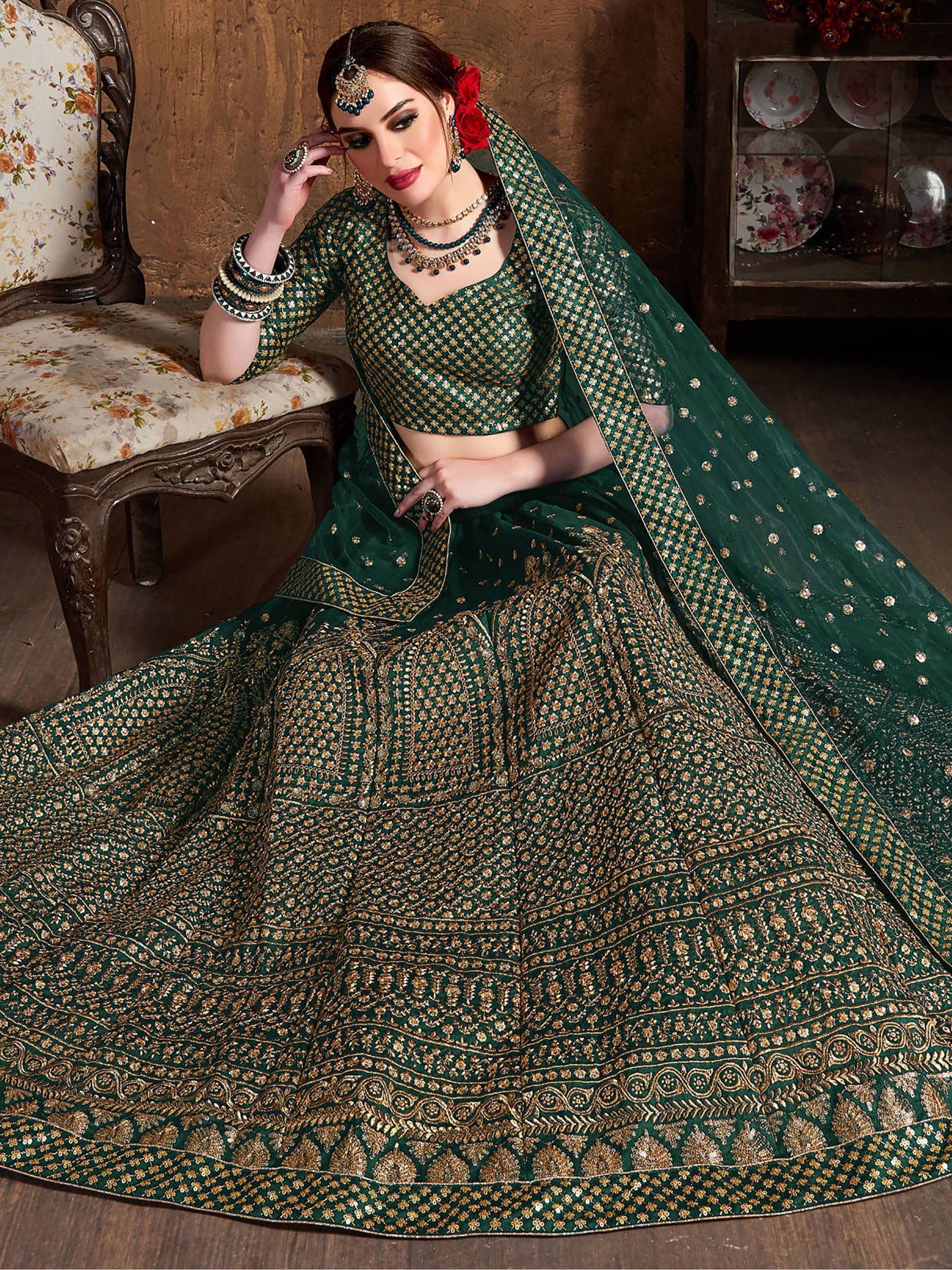 Bottle Green Sequins Raw Silk Wedding Lehenga Choli with Dupatta