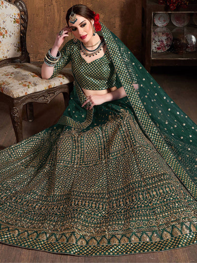 Bottle Green Sequins Raw Silk Wedding Lehenga Choli with Dupatta