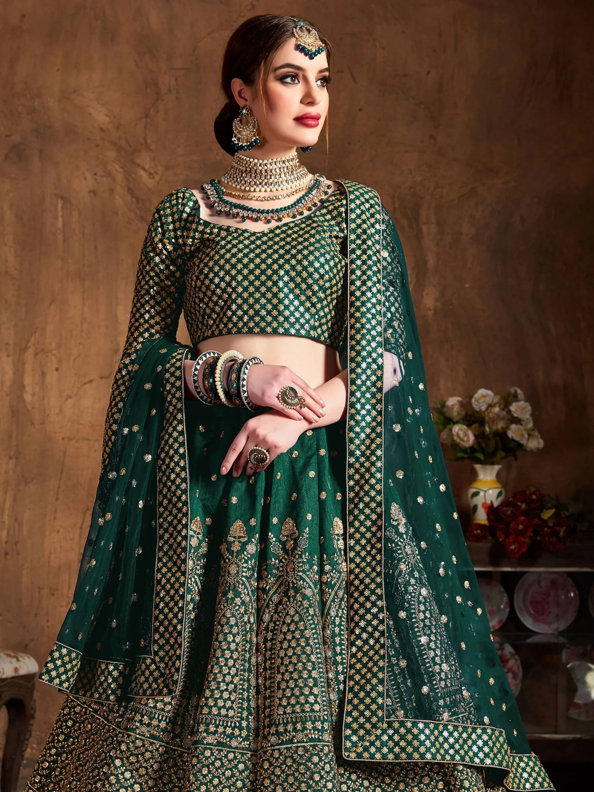 Bottle Green Sequins Raw Silk Wedding Lehenga Choli with Dupatta