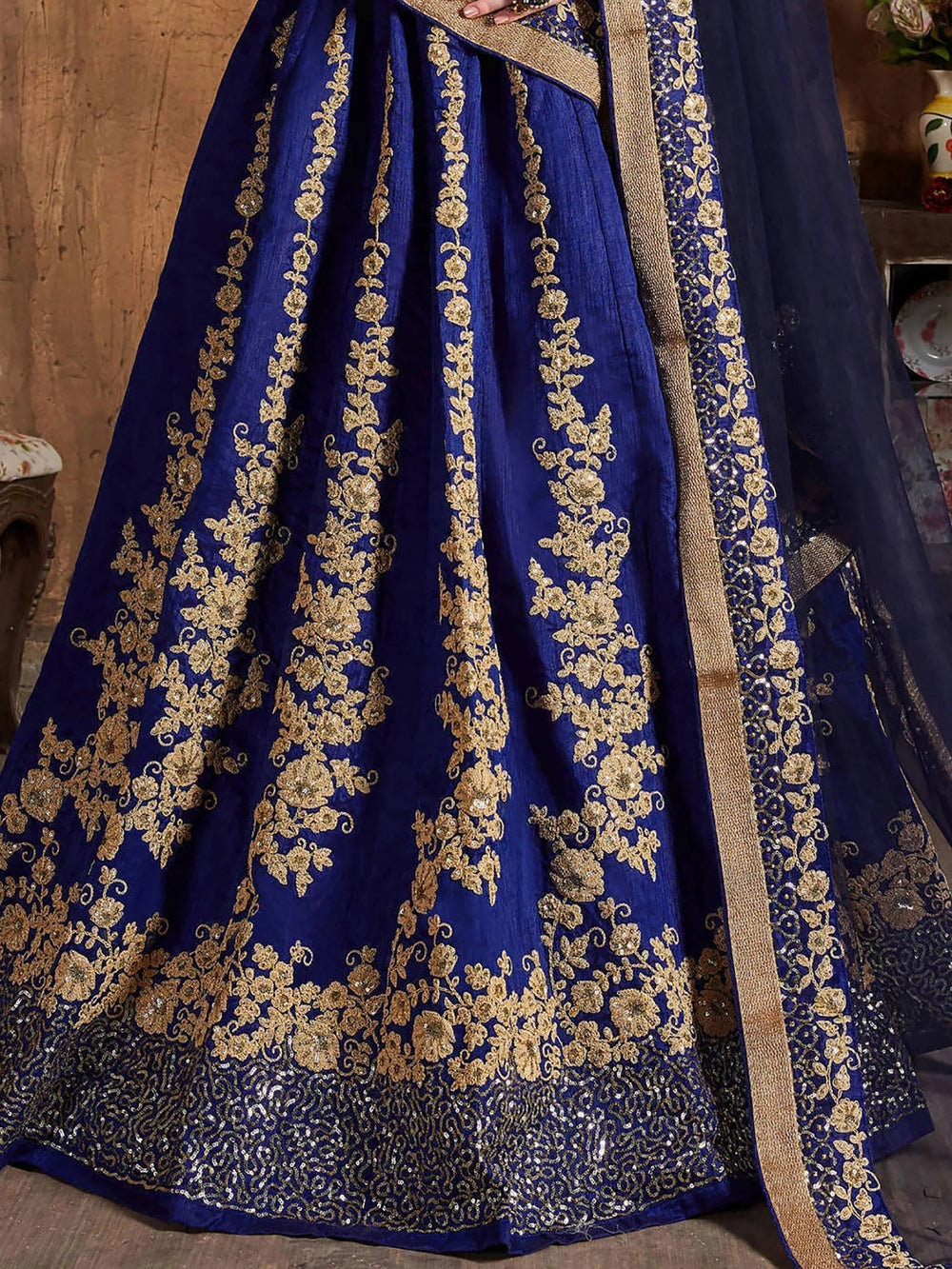 Navy Blue Embroidered Raw Silk Wedding Lehenga Choli with Dupatta