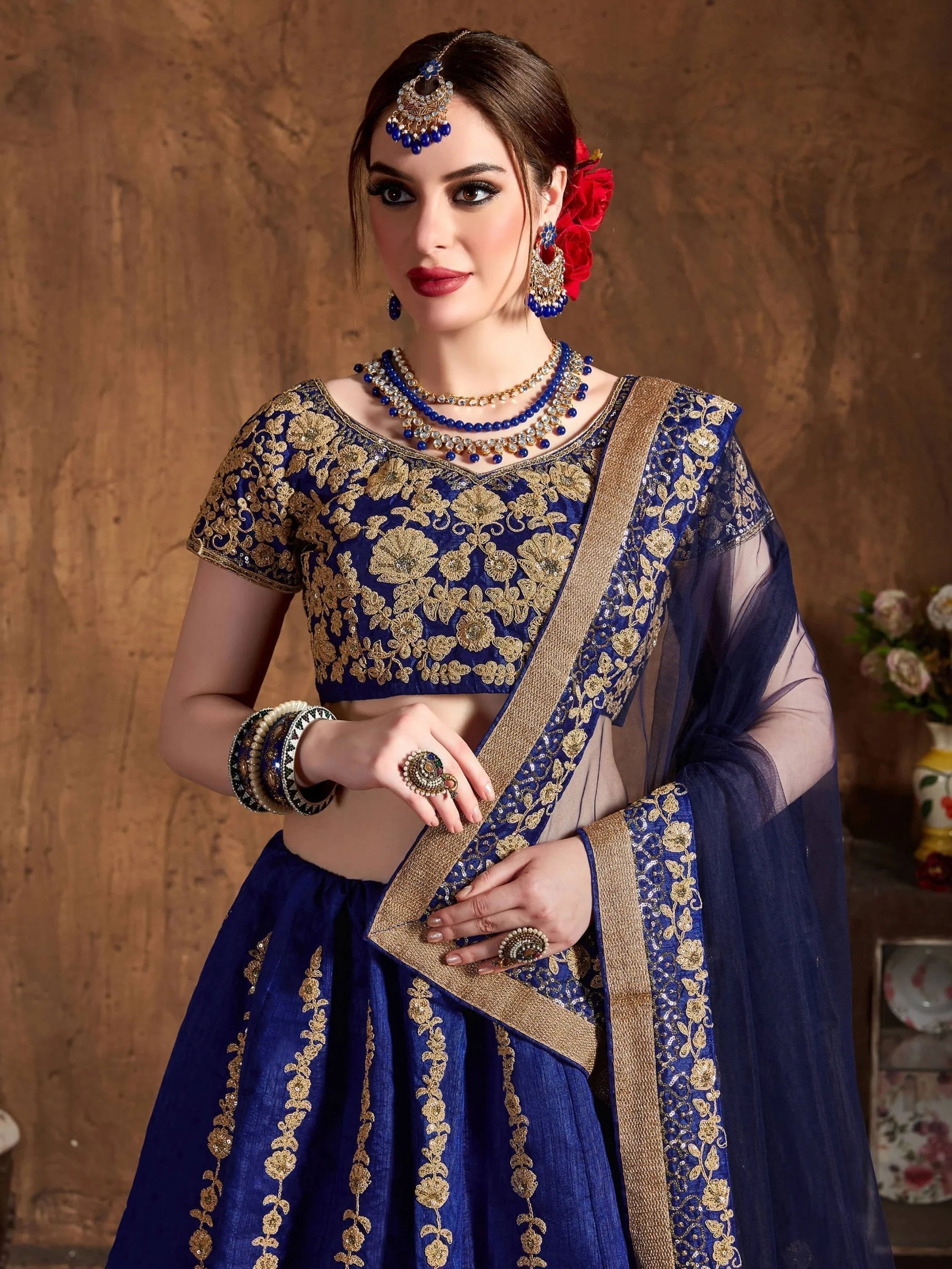 Navy Blue Embroidered Raw Silk Wedding Lehenga Choli with Dupatta