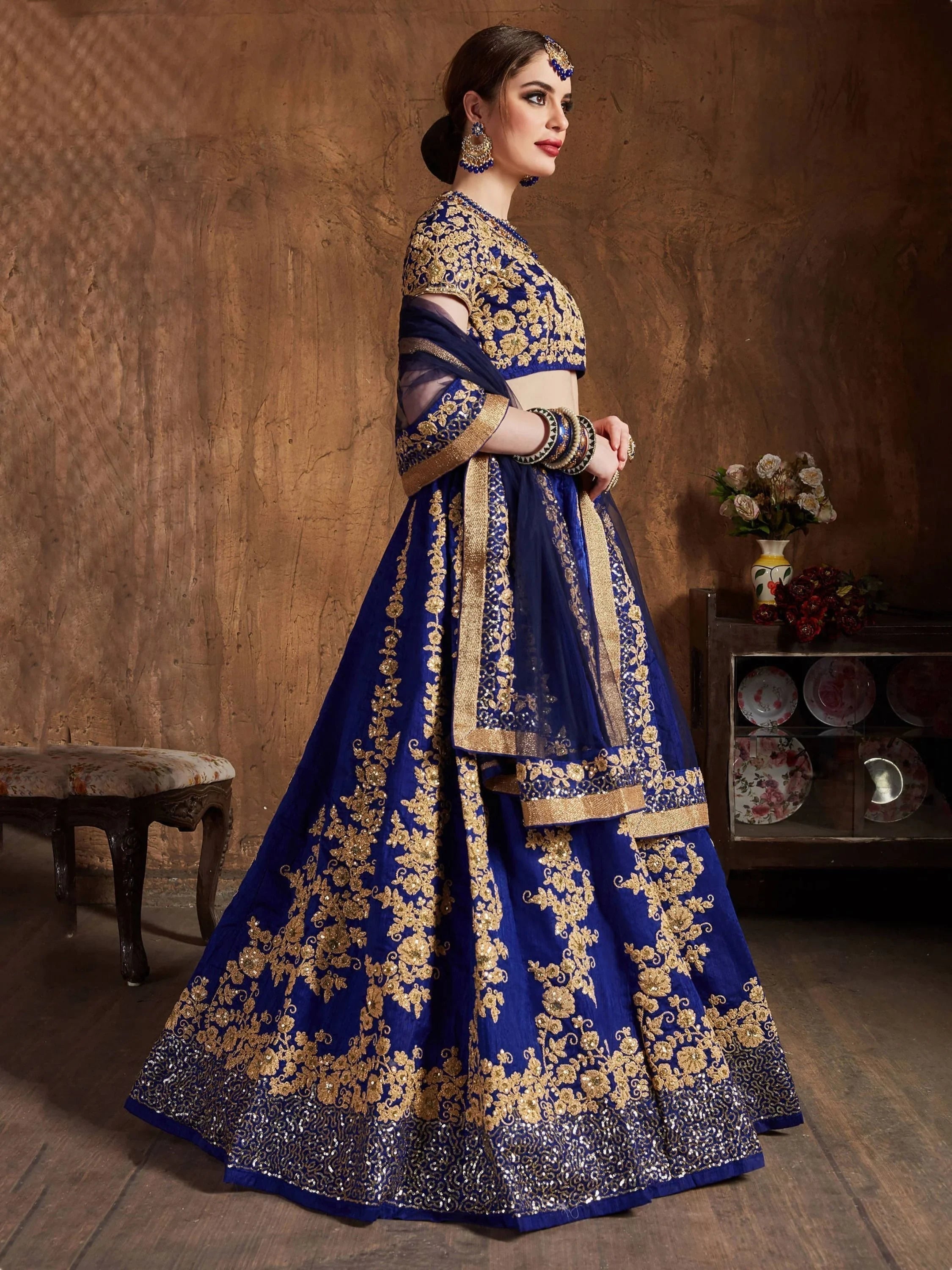 Navy Blue Embroidered Raw Silk Wedding Lehenga Choli with Dupatta
