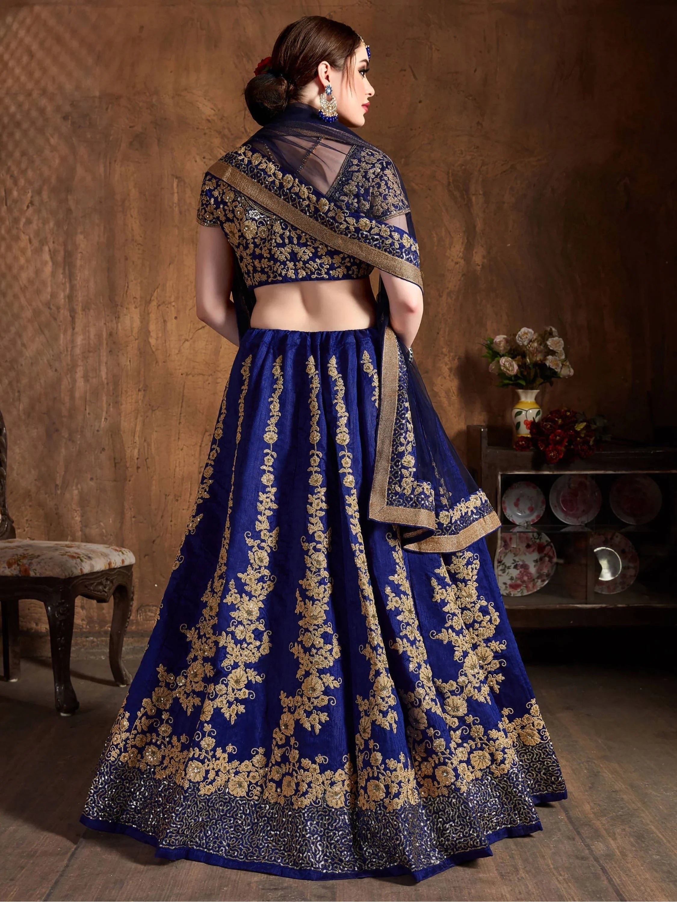 Navy Blue Embroidered Raw Silk Wedding Lehenga Choli with Dupatta