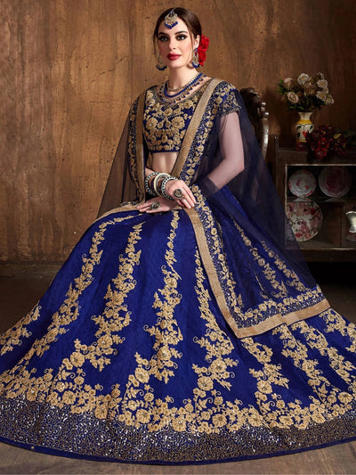 Navy Blue Embroidered Raw Silk Wedding Lehenga Choli with Dupatta