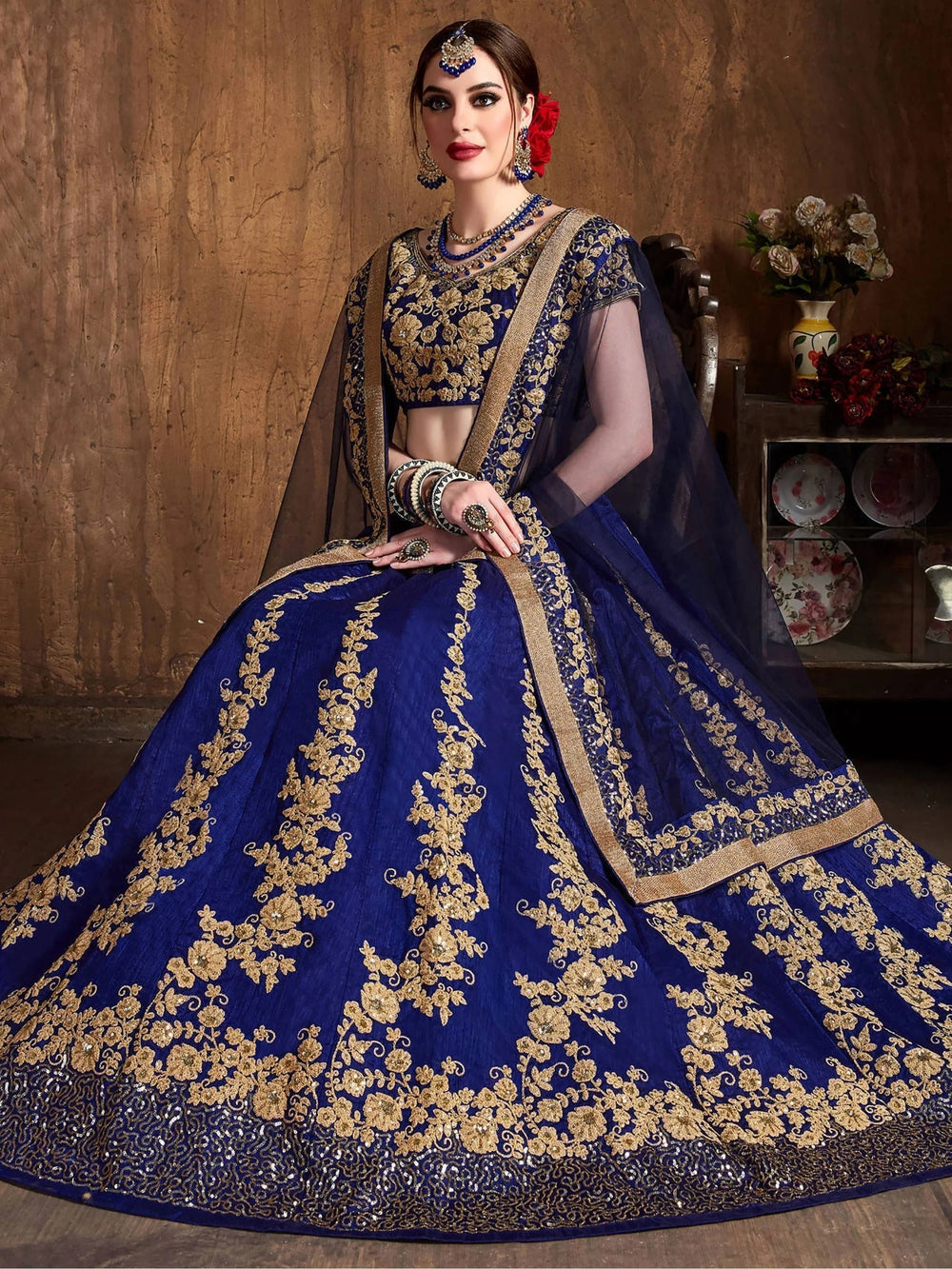 Navy Blue Embroidered Raw Silk Wedding Lehenga Choli with Dupatta
