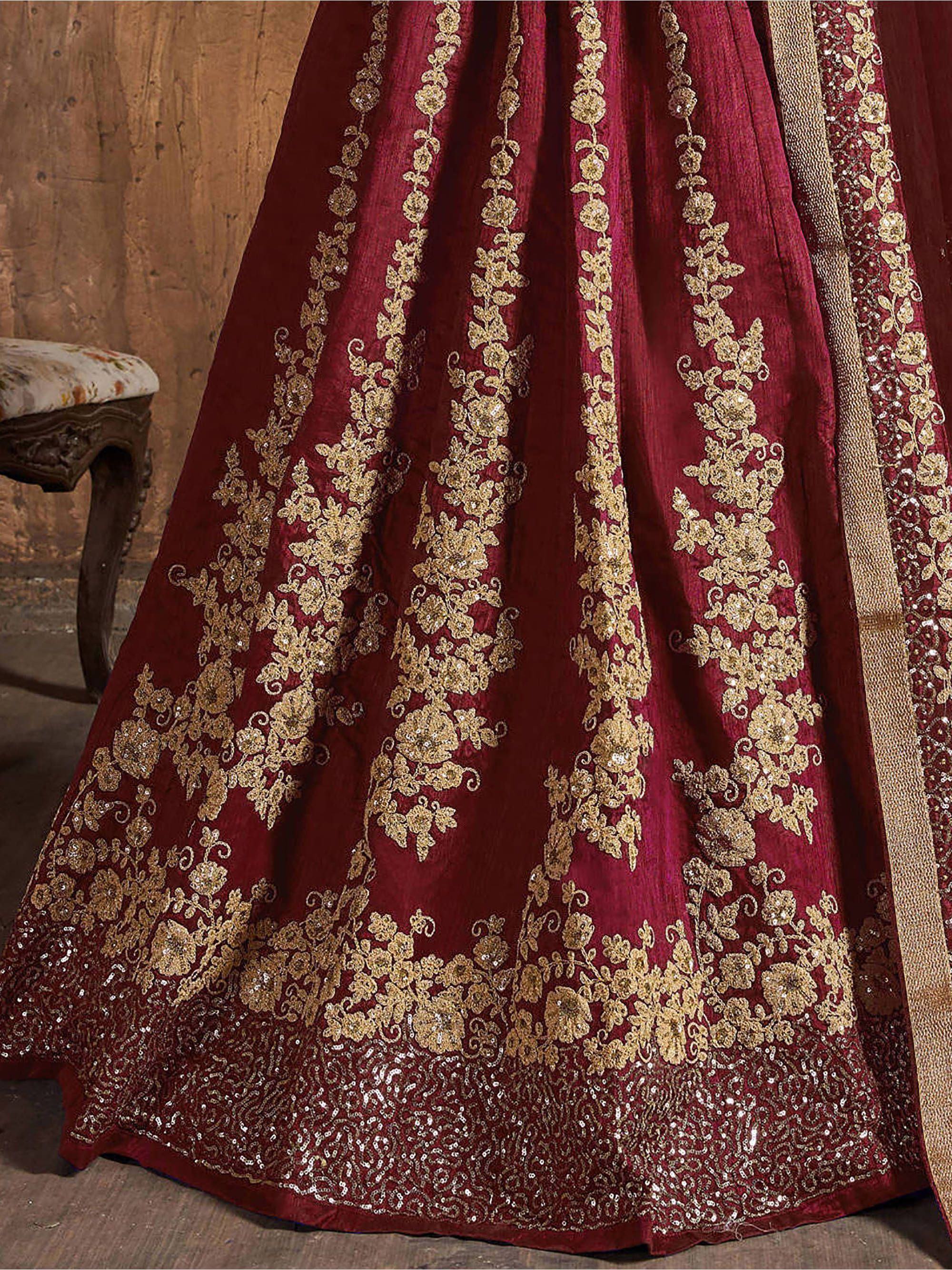 Maroon Embroidered Raw Silk Wedding Lehenga Choli with Dupatta