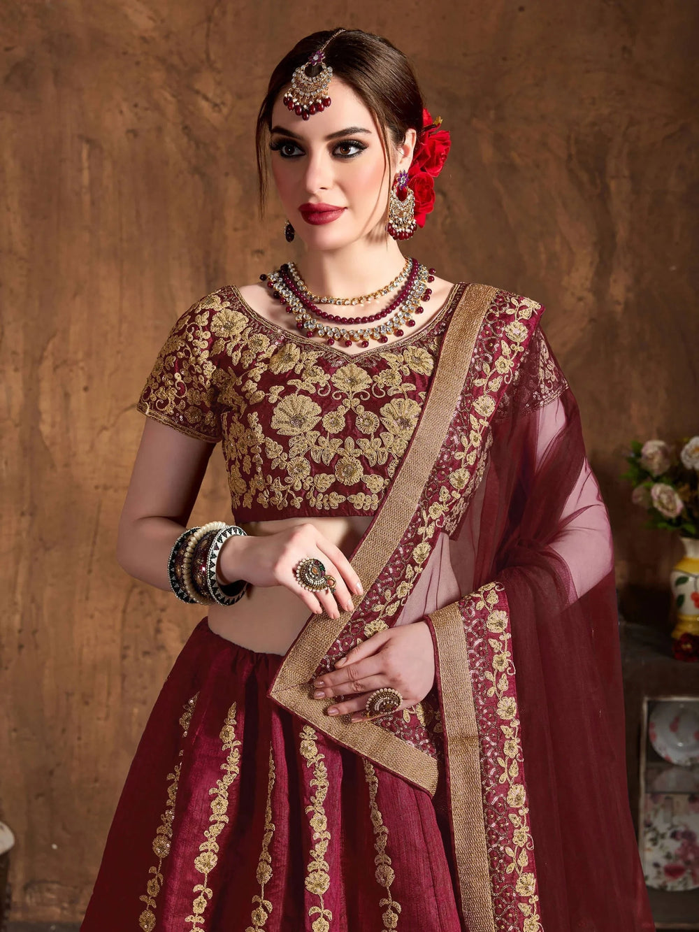 Maroon Embroidered Raw Silk Wedding Lehenga Choli with Dupatta