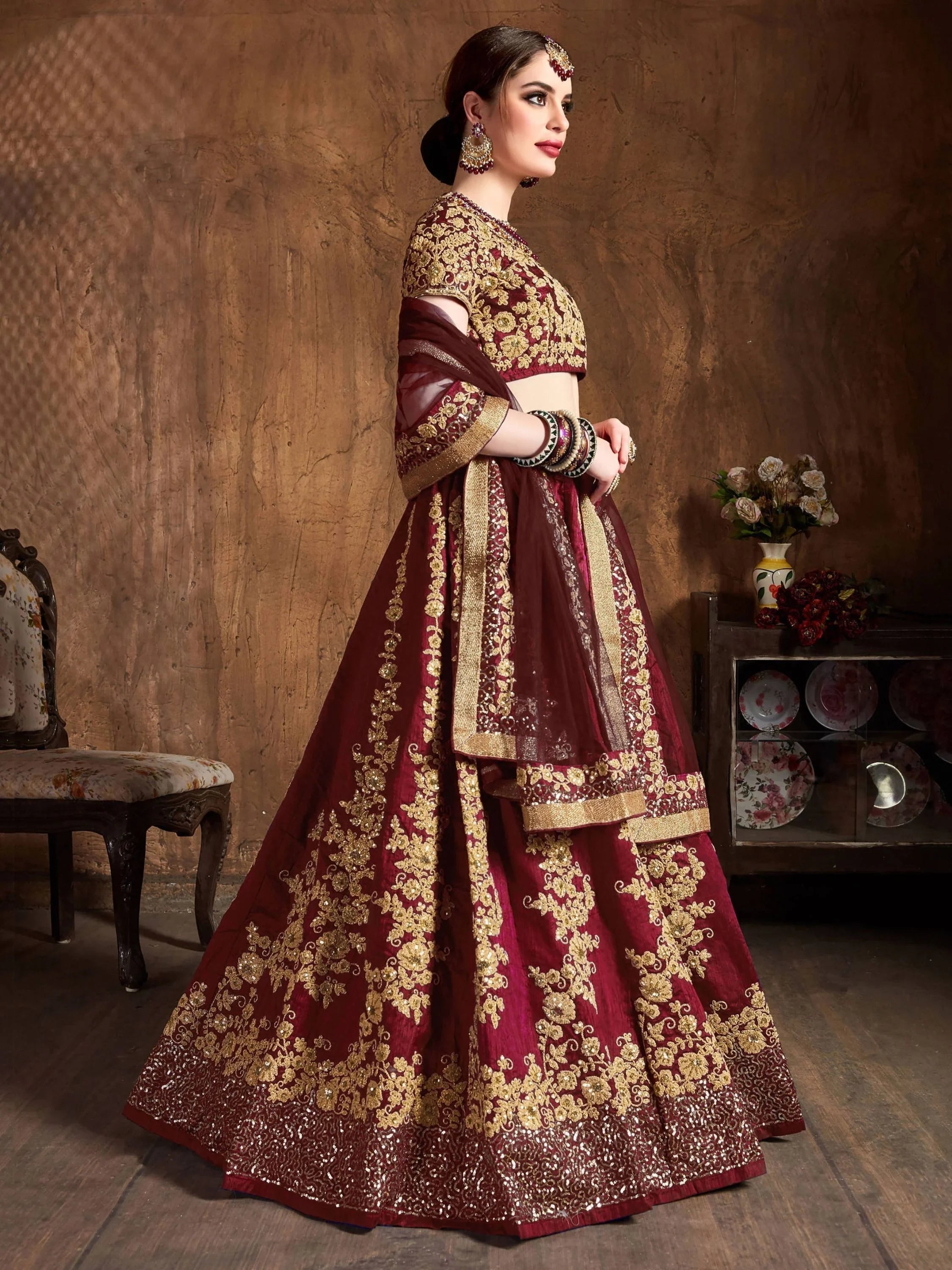 Maroon Embroidered Raw Silk Wedding Lehenga Choli with Dupatta
