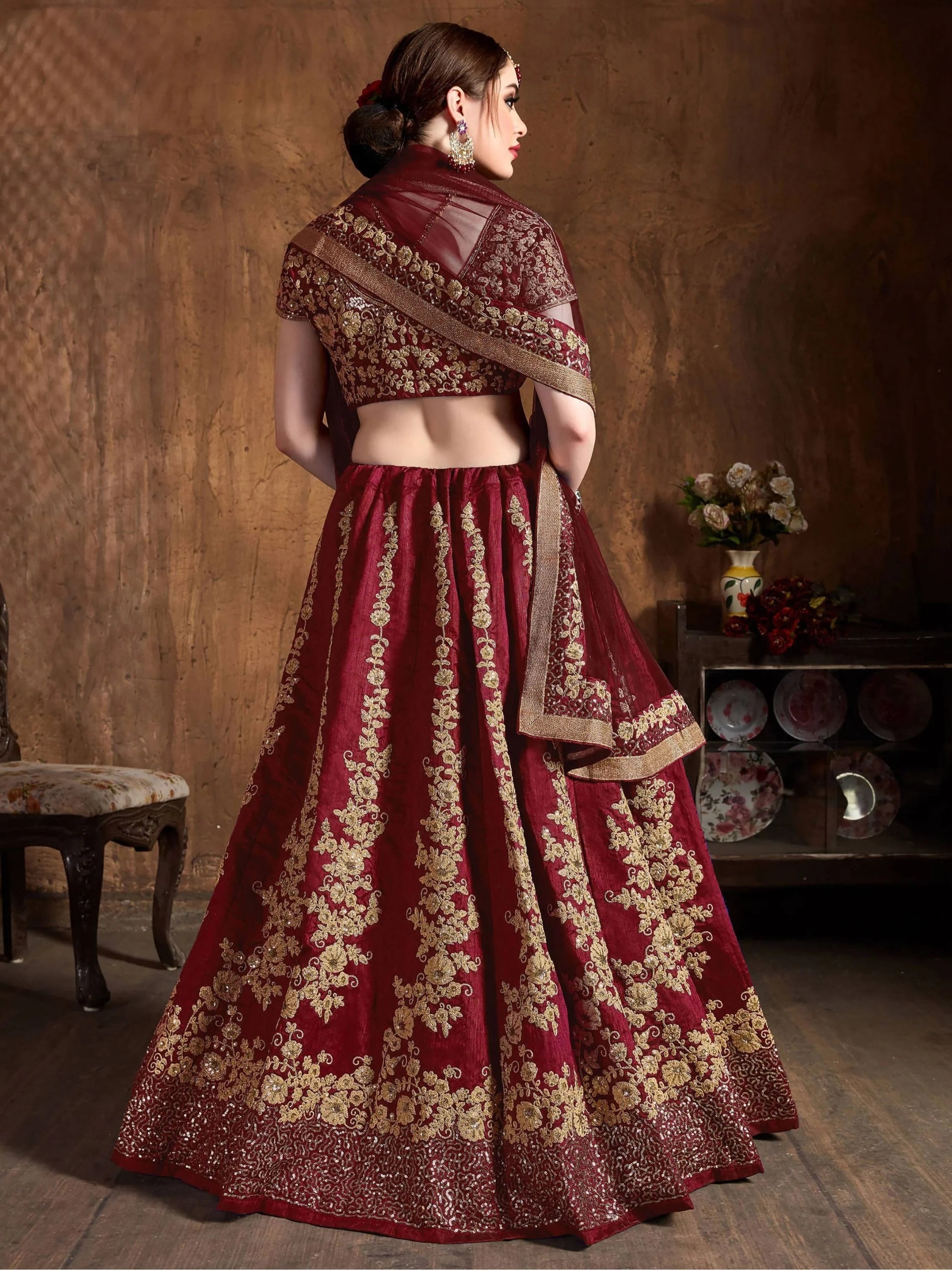 Maroon Embroidered Raw Silk Wedding Lehenga Choli with Dupatta